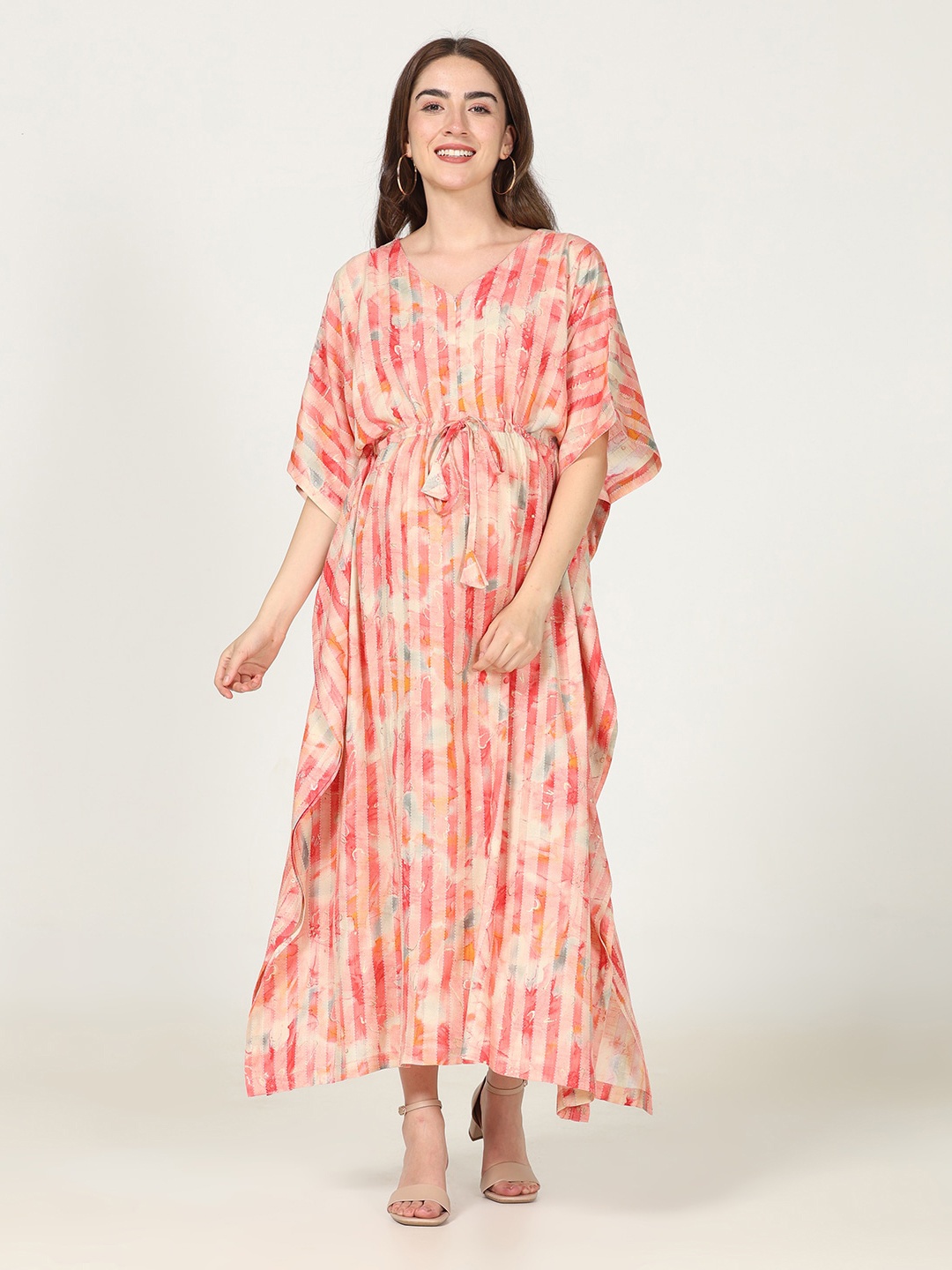 

CHARISMOMIC Abstract Printed V-Neck Tie Ups Detail Kaftan Maternity Maxi Dress, Pink