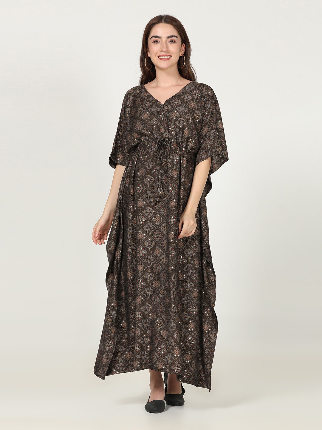 

CHARISMOMIC Floral Printed V-Neck Tie Ups Detail Kaftan Maternity Maxi Dress, Grey