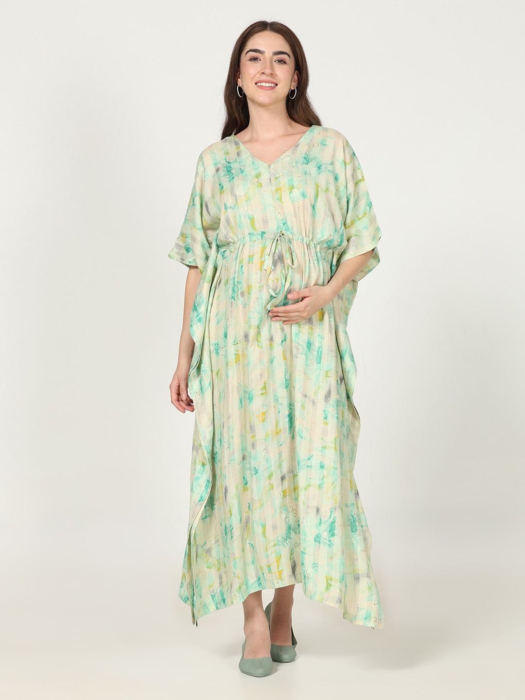 

CHARISMOMIC Abstract Printed V-Neck Tie Ups Detail Kaftan Maternity Maxi Dress, Sea green