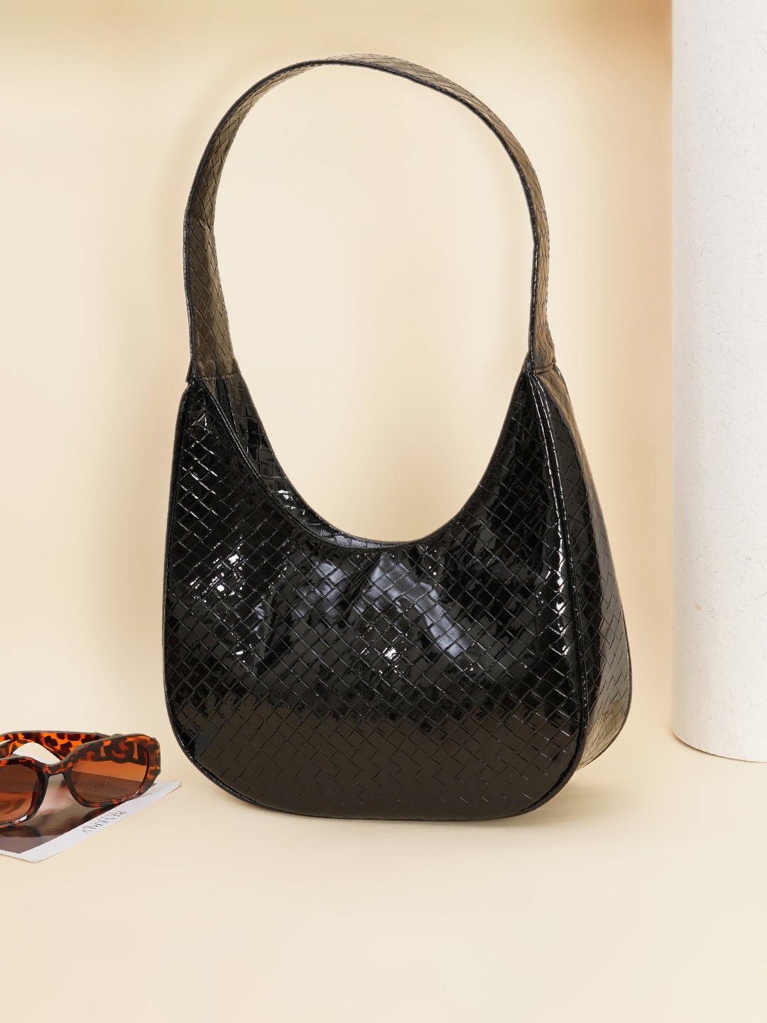 

FABBHUE Textured Half Moon Shoulder Bag, Black