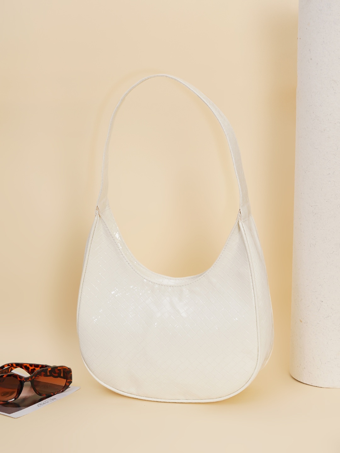 

FABBHUE Textured Half Moon Shoulder Bag, White