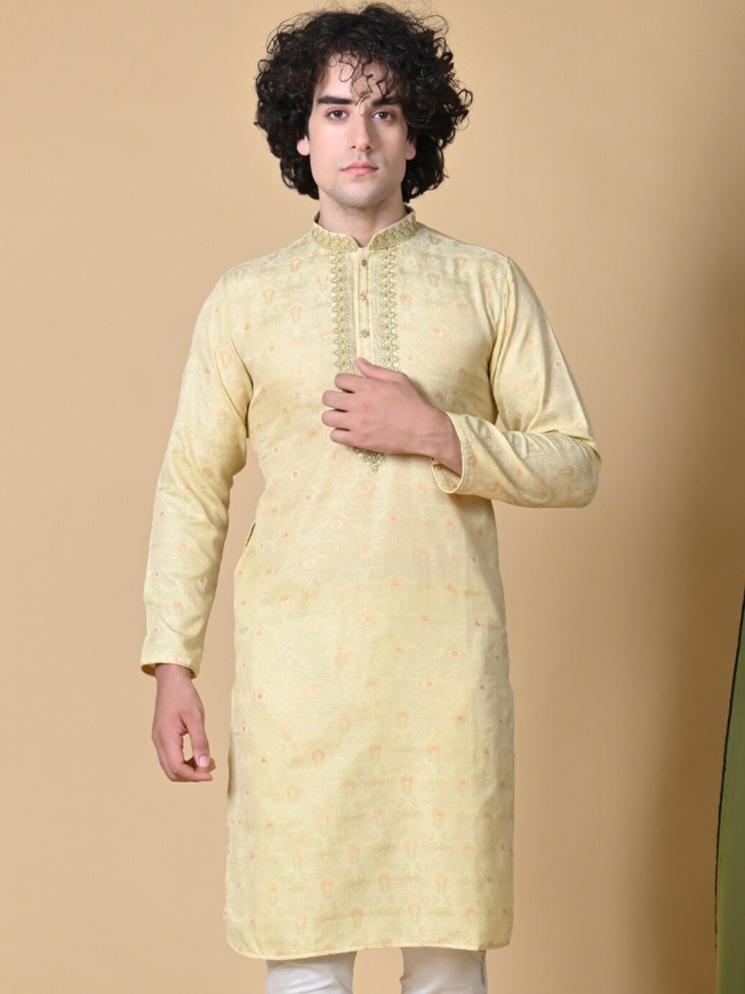 

MAAHI FABS Woven Design Thread Work Regular Kurta, Beige