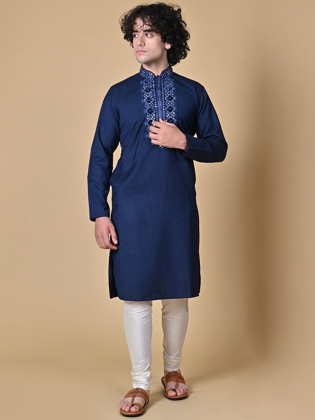 

MAAHI FABS Floral Yoke Design Thread Work Cotton Silk Straight Kurta, Navy blue