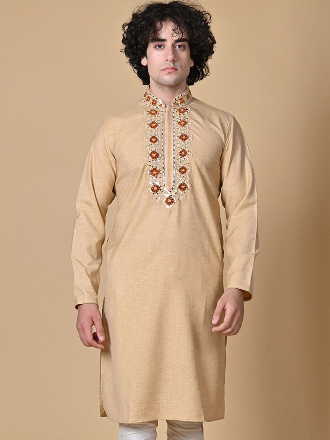 

MAAHI FABS Floral Yoke Design Thread Work Cotton Silk Straight Kurta, Beige