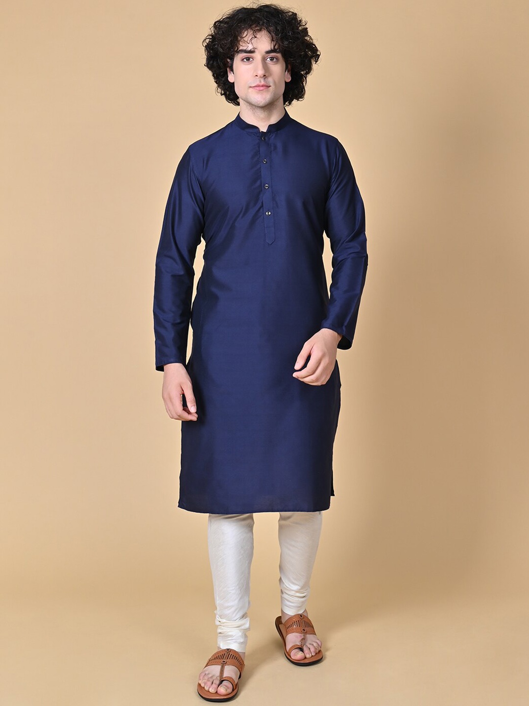 

MAAHI FABS Mandarin Collar Cotton Silk Straight Kurta, Navy blue