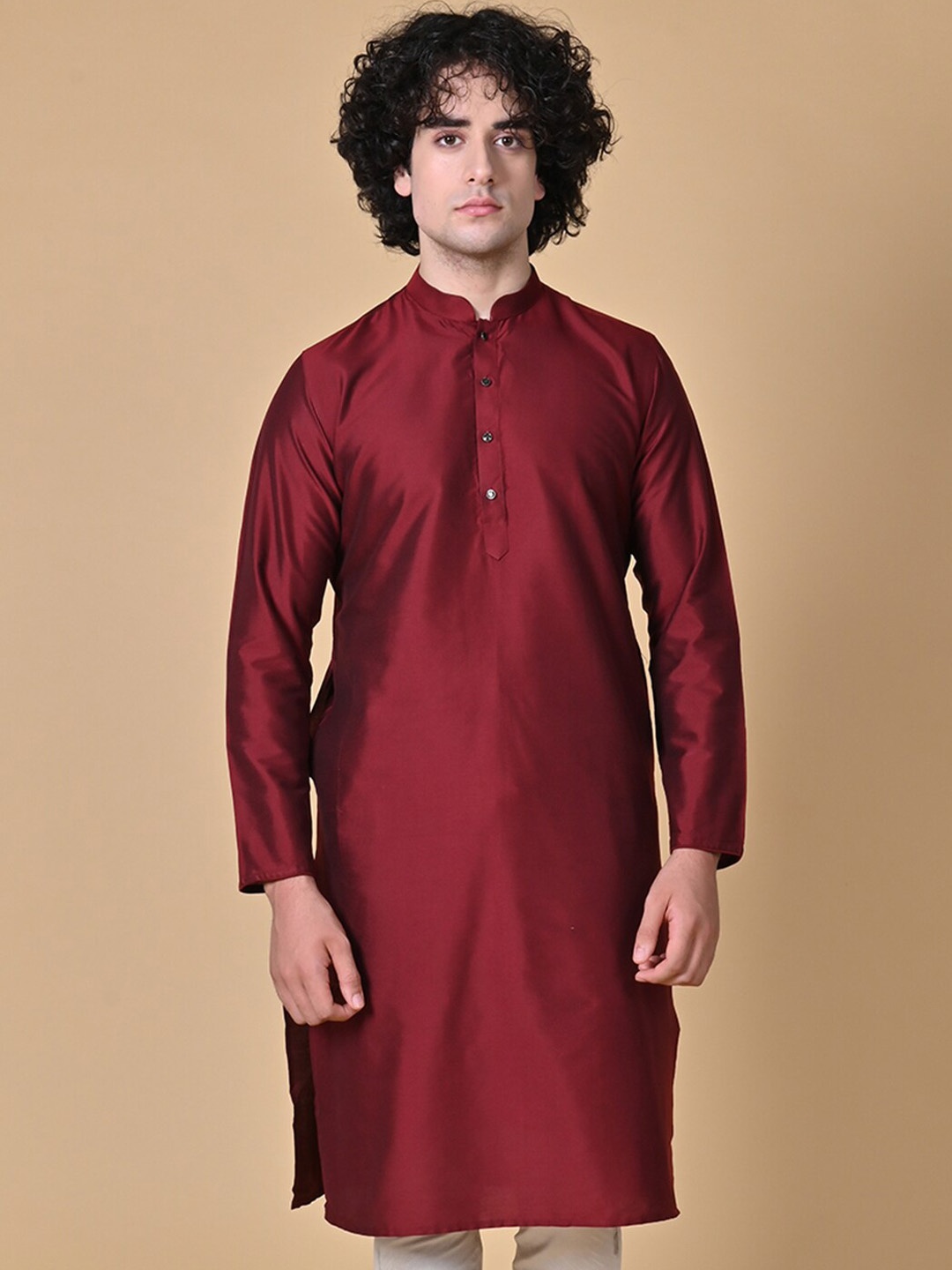 

MAAHI FABS Mandarin Collar Cotton Silk Straight Kurta, Maroon