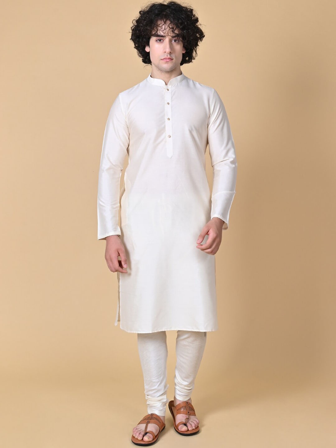 

MAAHI FABS Mandarin Collar Regular Jacquard Kurta, Cream