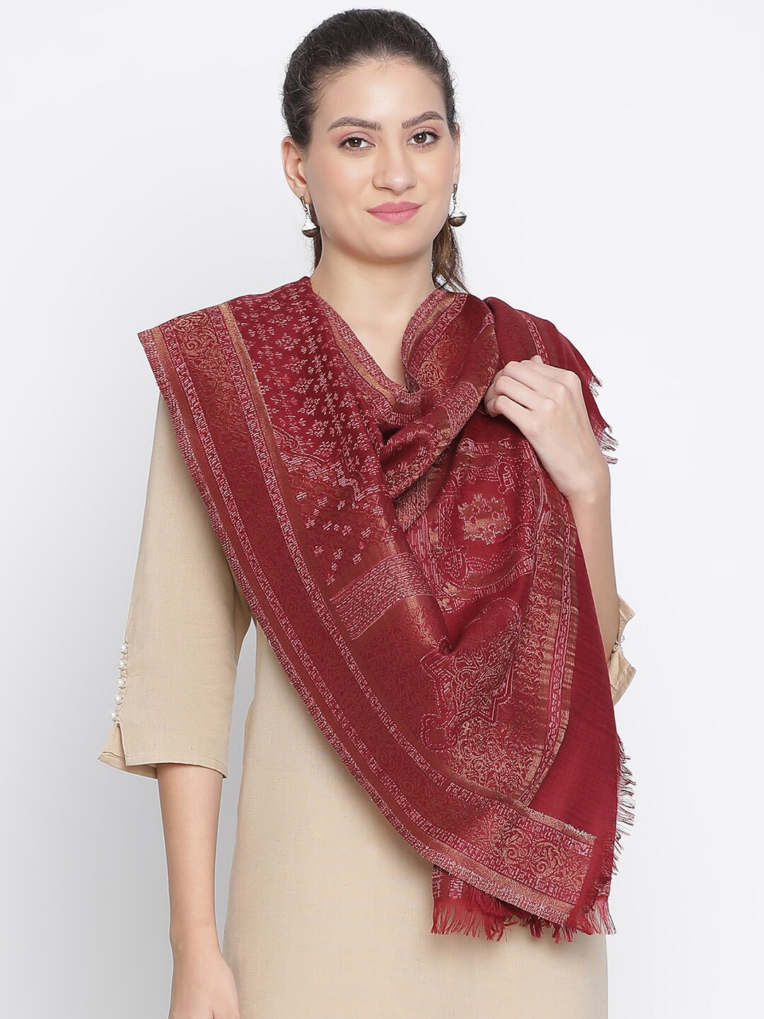 

SHINGORA Ethnic Motifs Woven Design Stole, Maroon