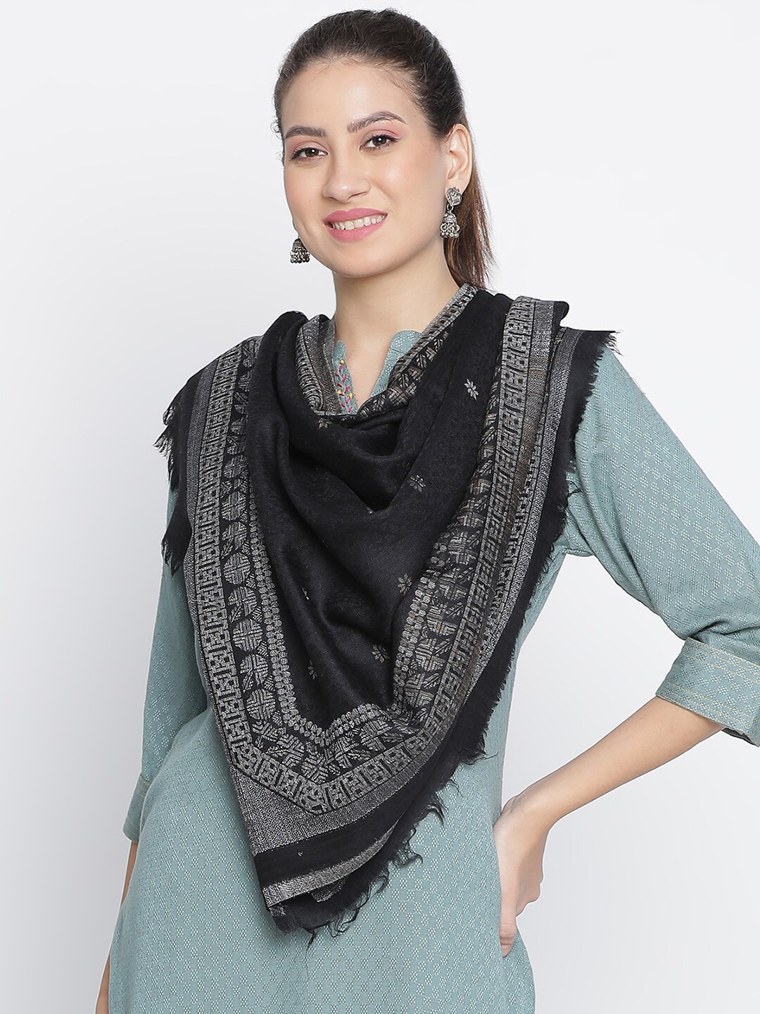 

SHINGORA Ethnic Motifs Woven Design Stole, Black
