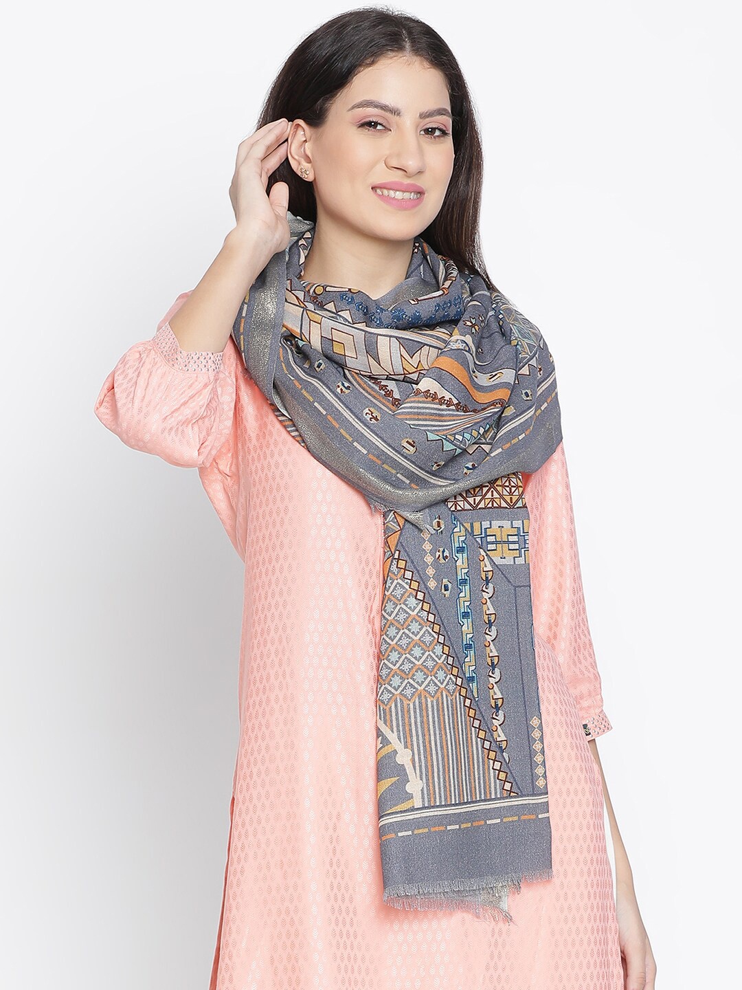 

SHINGORA Geometric Printed Stole, Grey