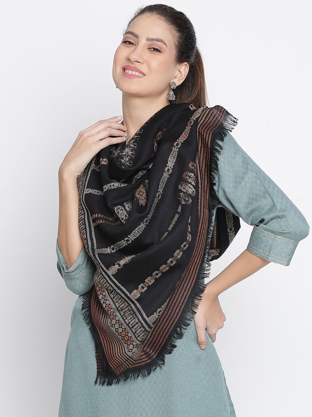 

SHINGORA Women Ethnic Woven Design Stole, Black
