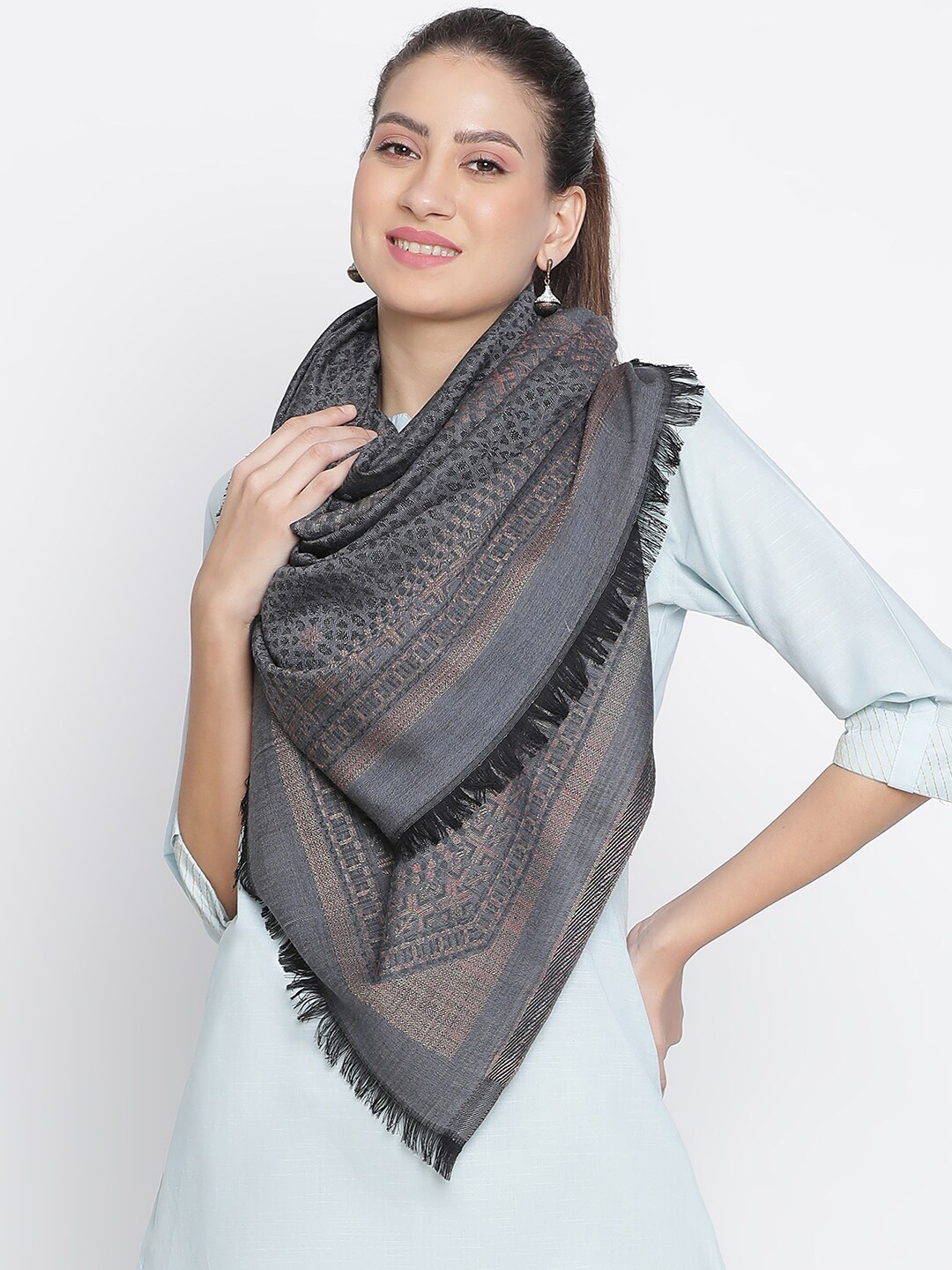 

SHINGORA Ethnic Motifs Woven Design Stole, Grey