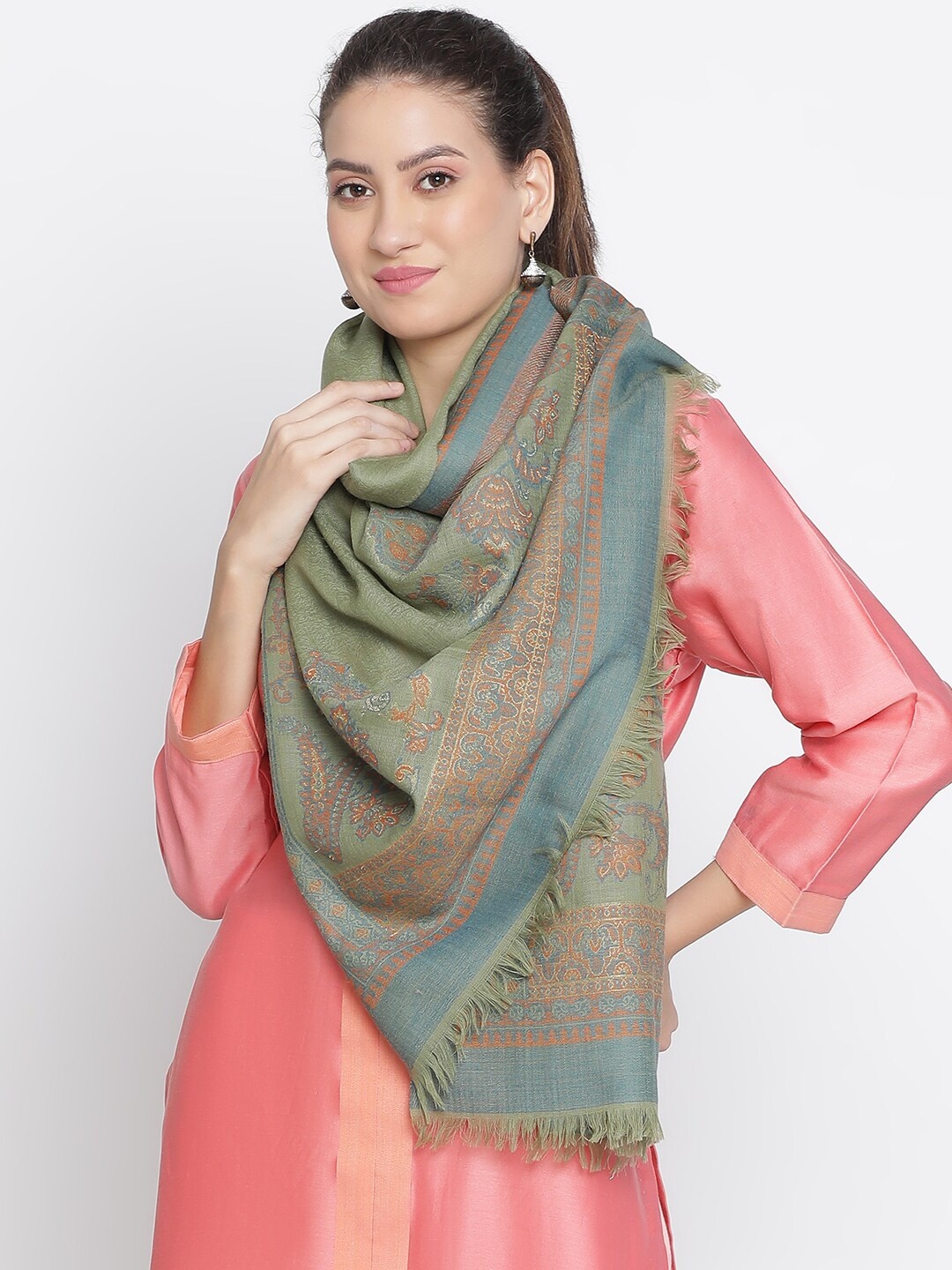 

SHINGORA Ethnic Motifs Woven Design Stole, Green