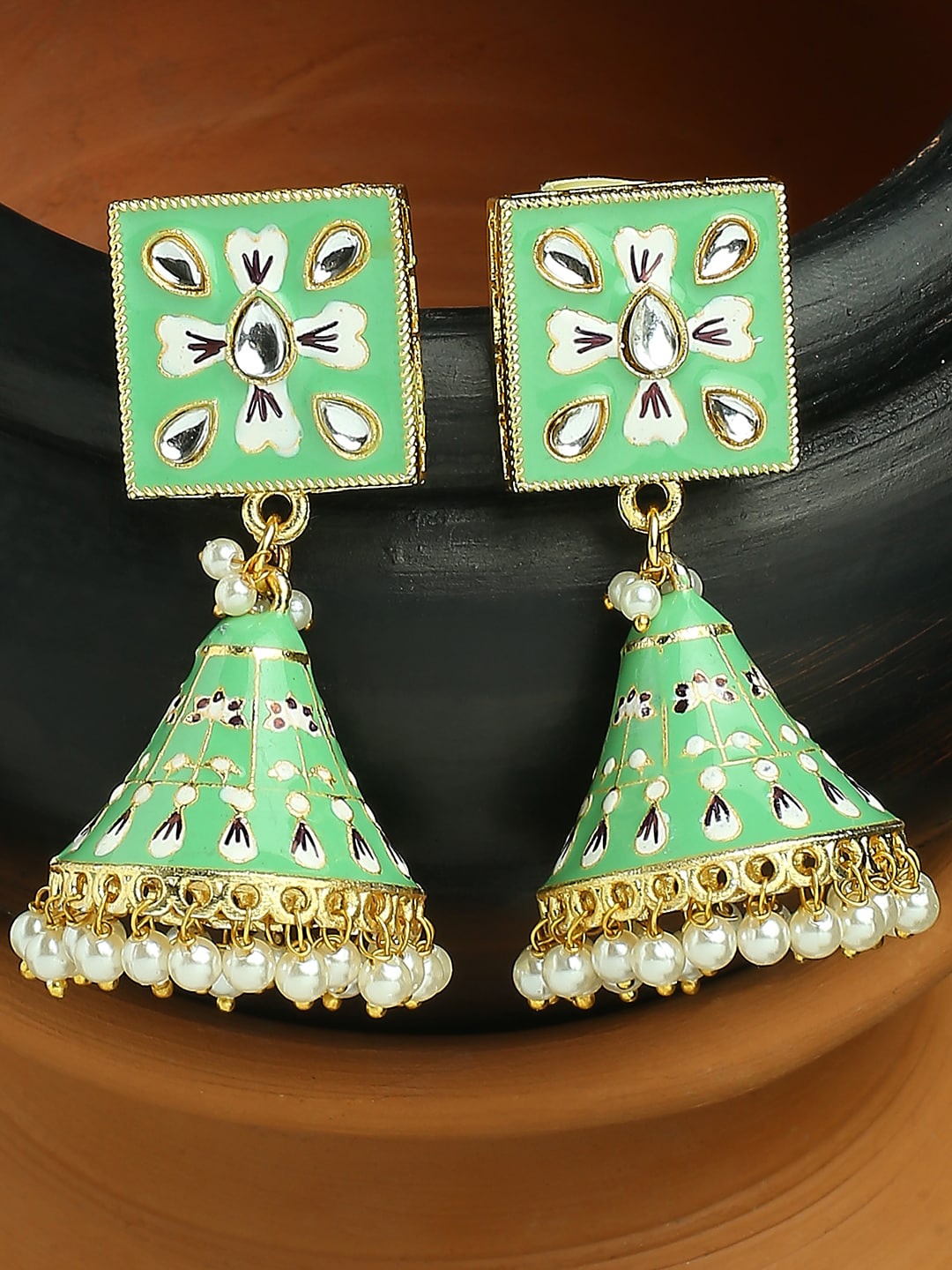 

OOMPH Kundan Studded Dome Shaped Meenakari Jhumkas, Gold