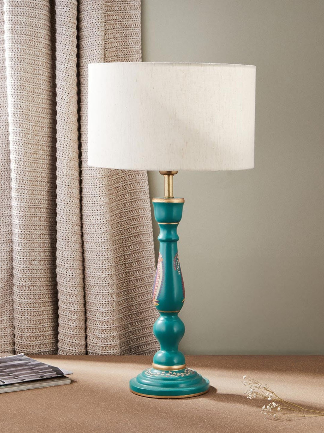 

Fabindia White & Blue Printed Wooden Table Lamp