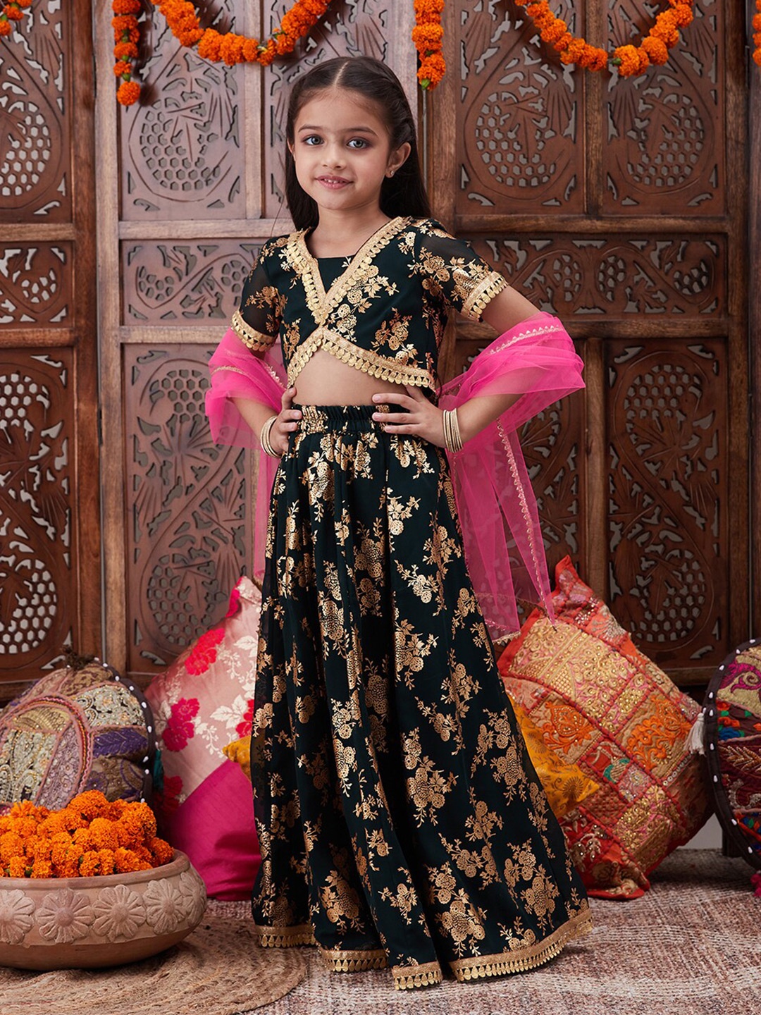 

pspeaches Girls Foil Printed Ready to Wear Lehenga Choli With Dupatta, Green