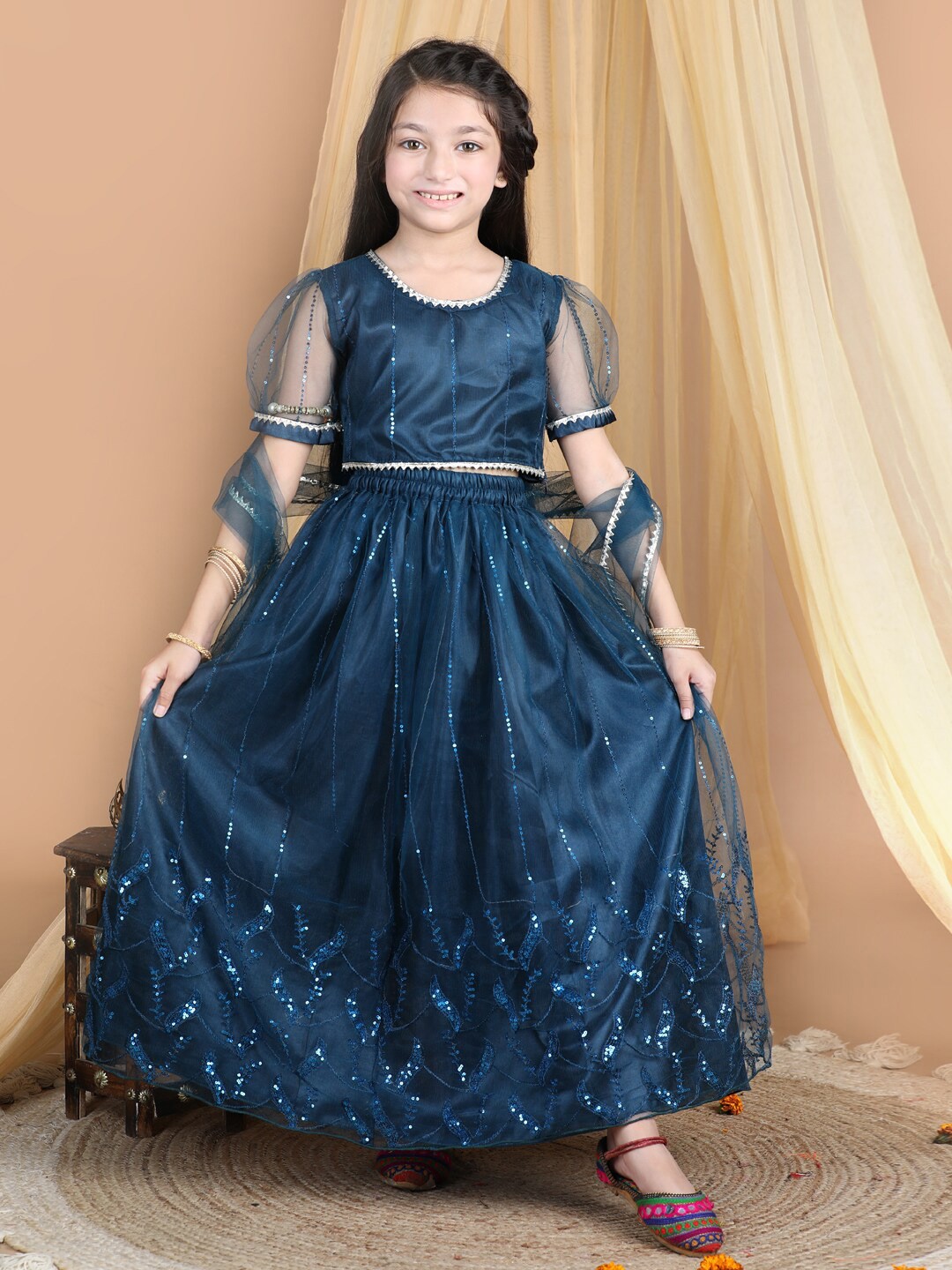 

Cutiekins Girls Embroidered Sequinned Ready to Wear Lehenga Choli With Dupatta, Teal