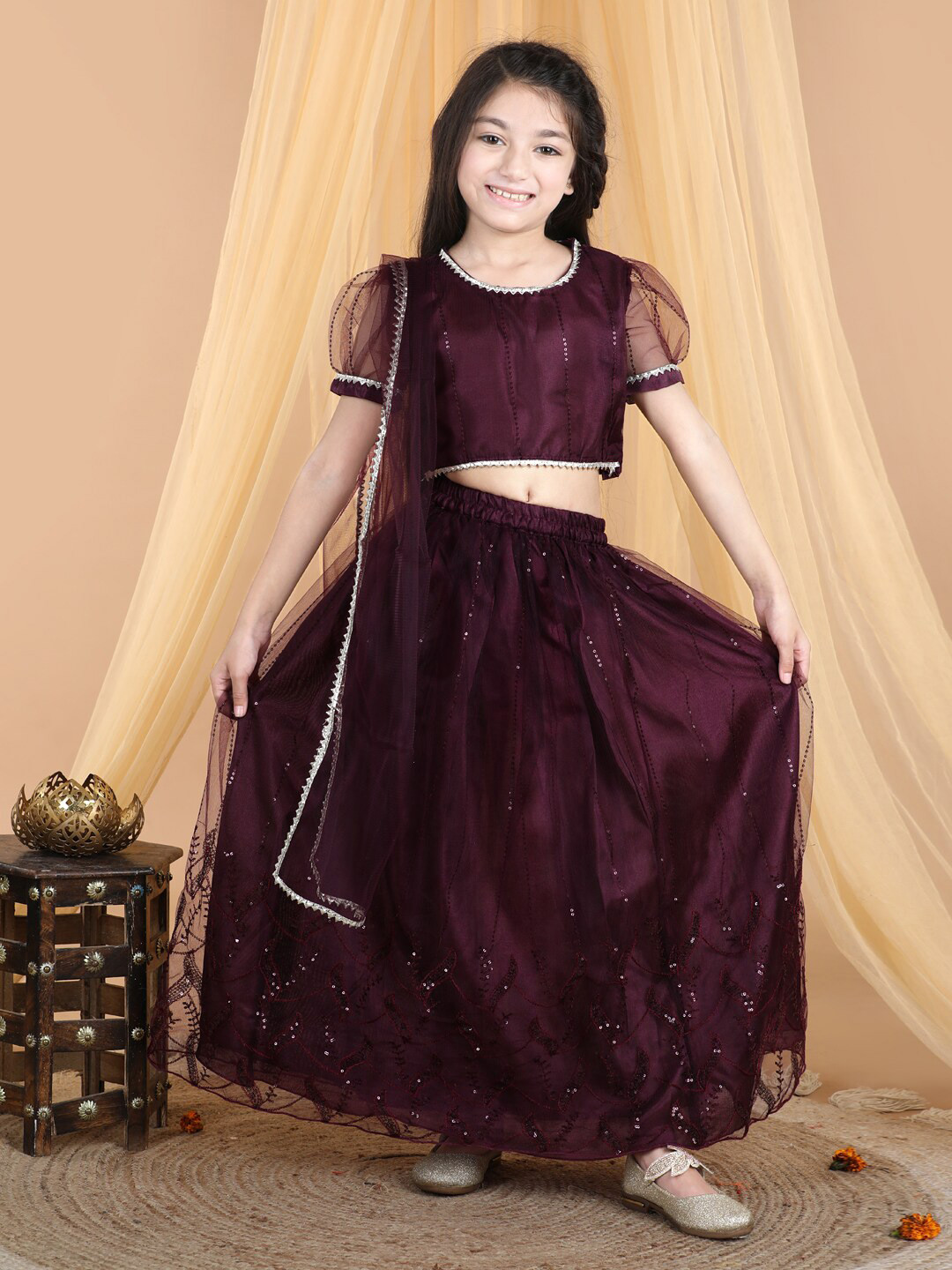 

Cutiekins Girls Embellished Sequinned Net Ready to Wear Lehenga & Blouse With Dupatta, Purple