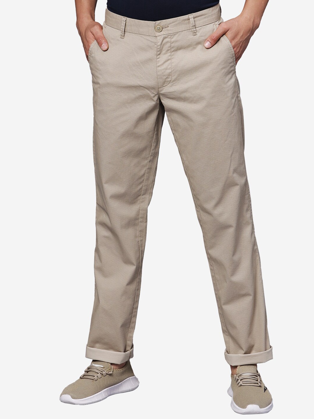 

t-base Men Self Design Textured Straight Fit Chinos, Cream