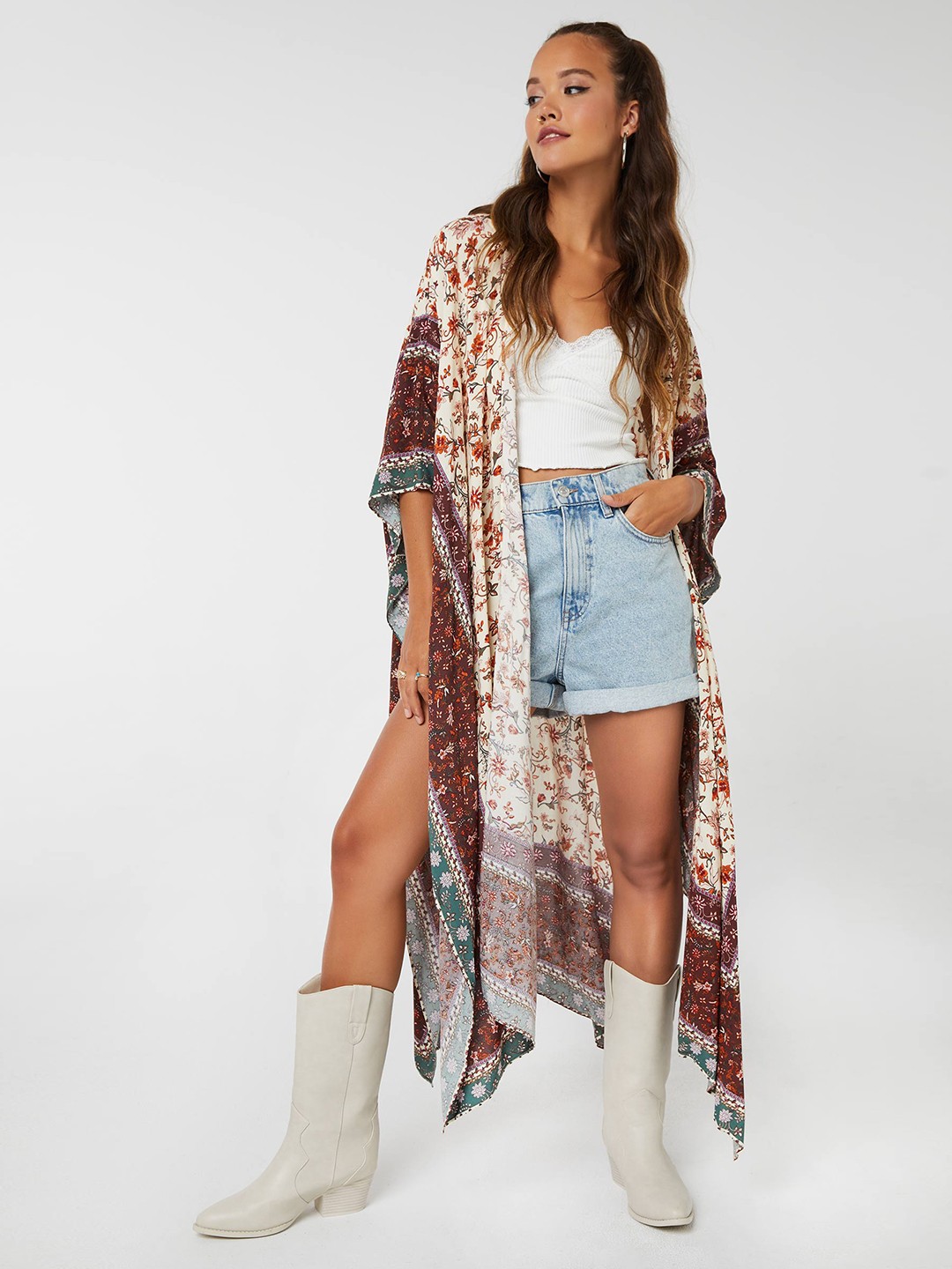 

Ardene Floral Printed Extended Sleeves Longline Boxy Top, Cream