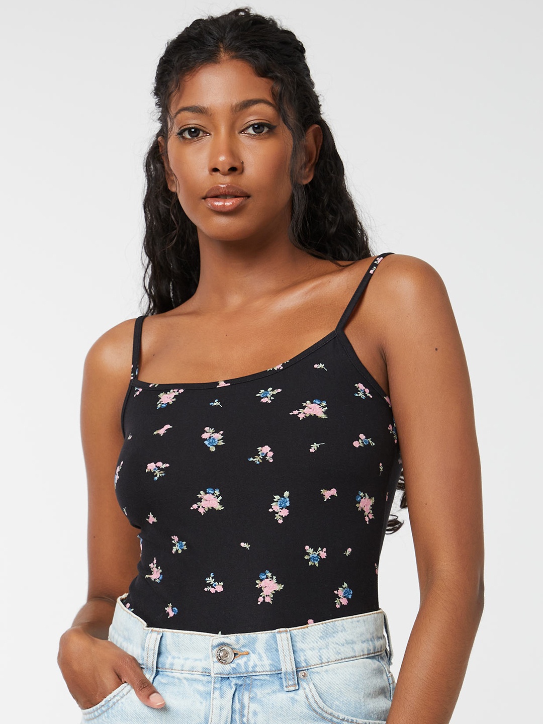 

Ardene Strap Shoulder Neck Floral Printed Top, Black