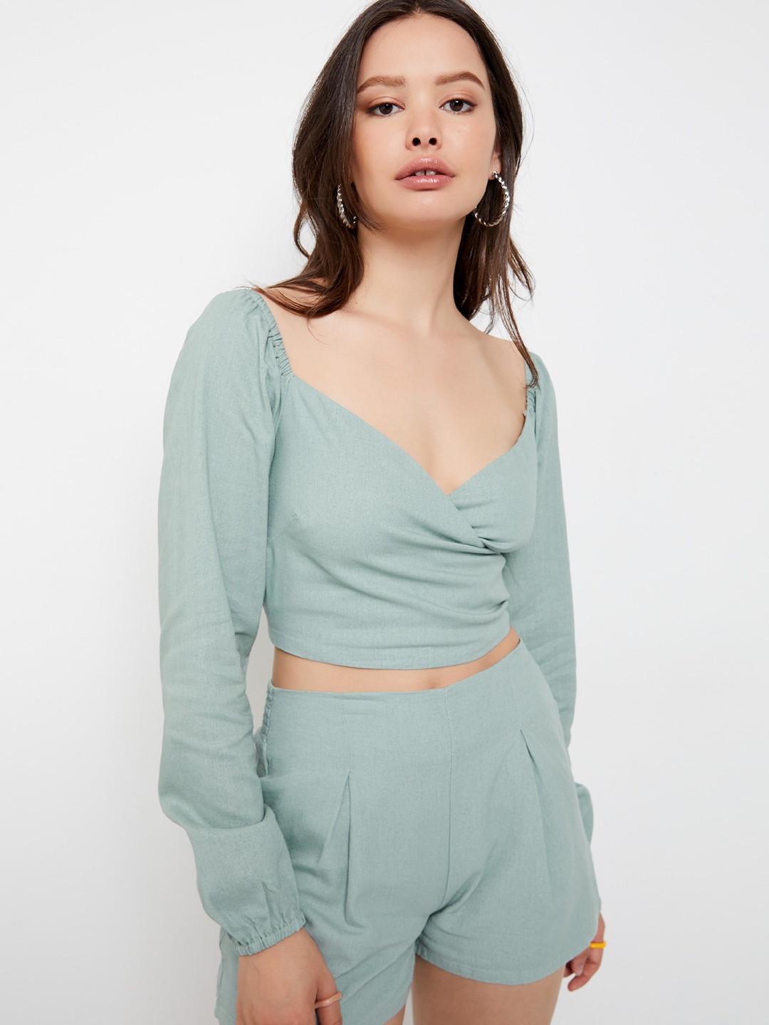 

Ardene V-Neck Linen Wrap Crop Top, Green