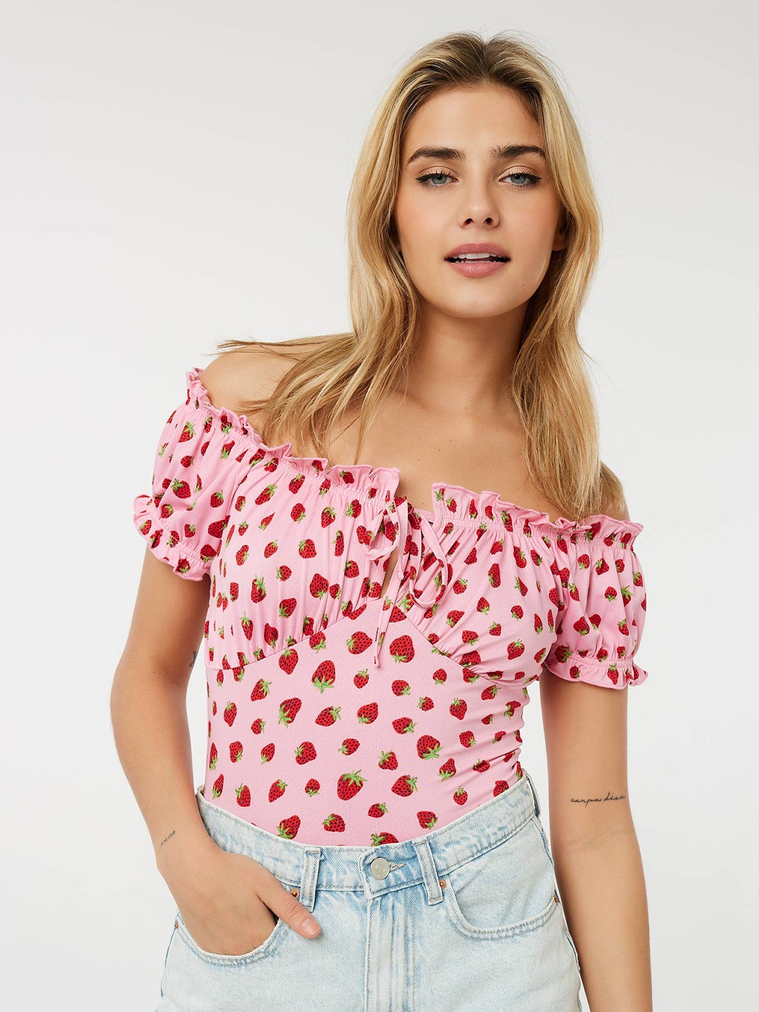 

Ardene Polka Dot Printed Off Shoulder Puff Sleeves Top, Pink