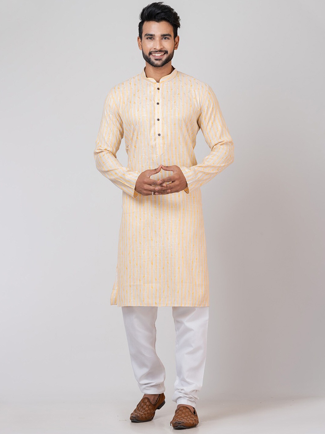 

HU - Handcrafted Uniquely Striped Thread Work Kurta, Yellow