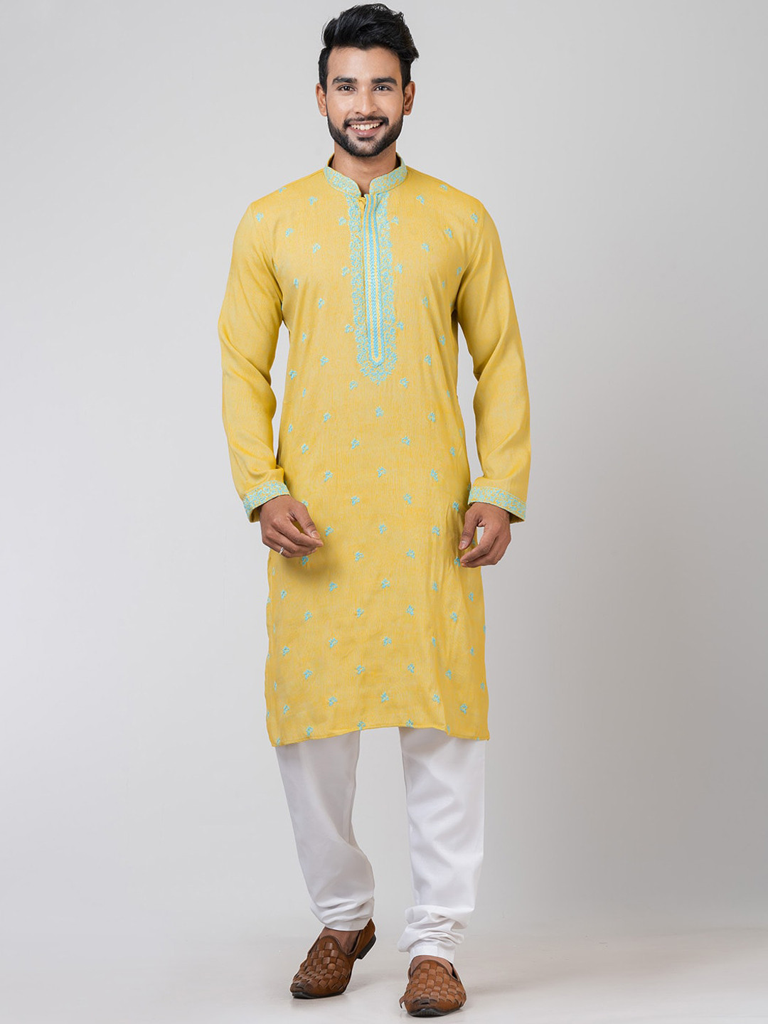 

HU - Handcrafted Uniquely Floral Embroidered Cotton Kurta, Yellow