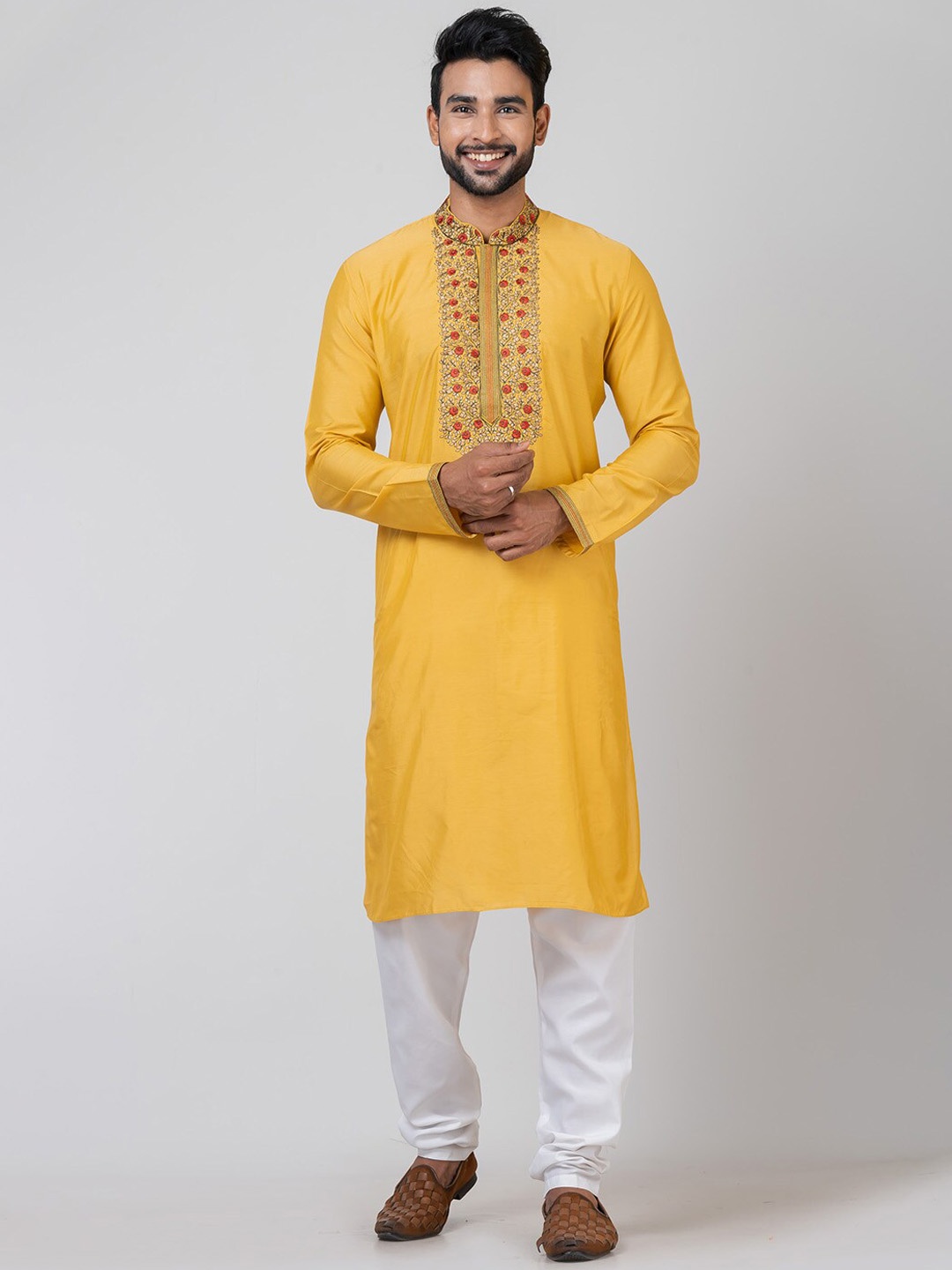 

HU - Handcrafted Uniquely Floral Embroidered Cotton Silk Kurta, Yellow