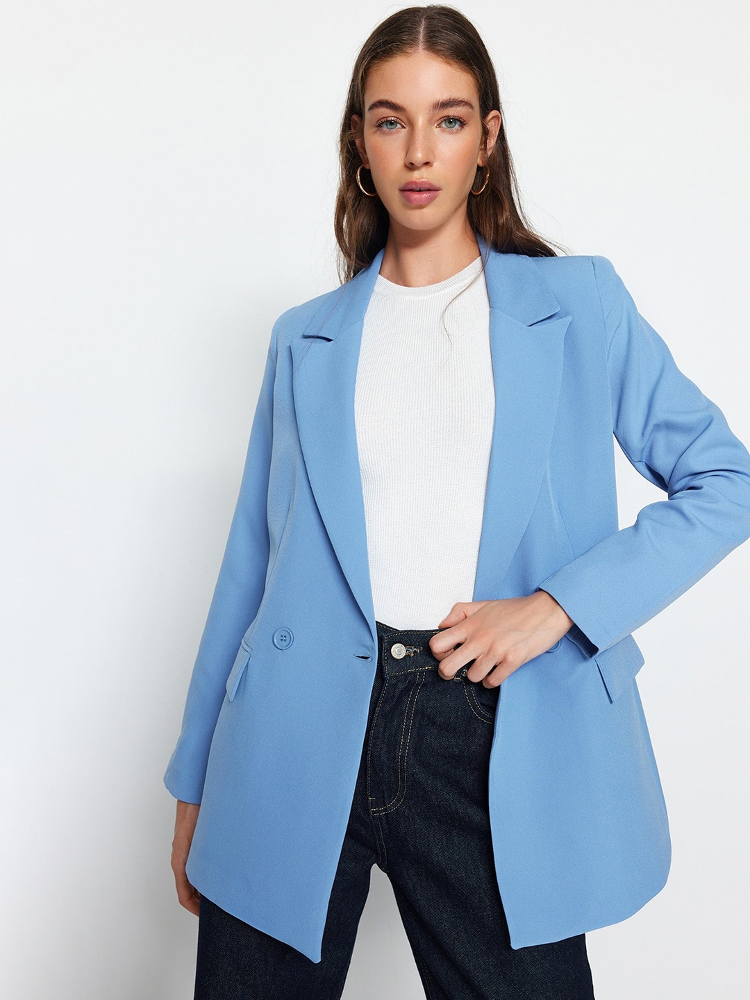 

Trendyol Peaked Lapel Double-Breasted Casual Blazer, Blue