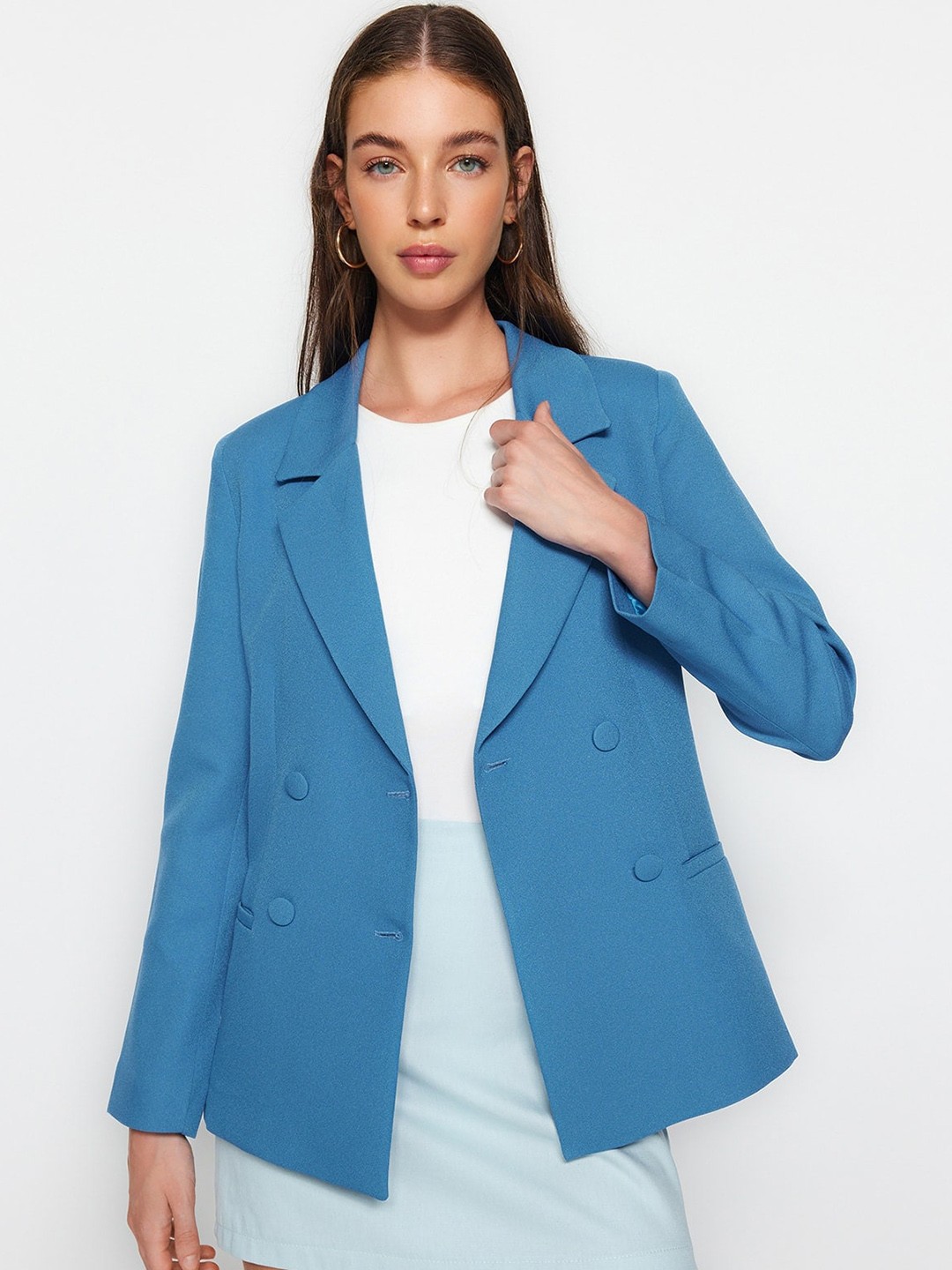 

Trendyol Notched Lapel Double-Breasted Blazers, Blue
