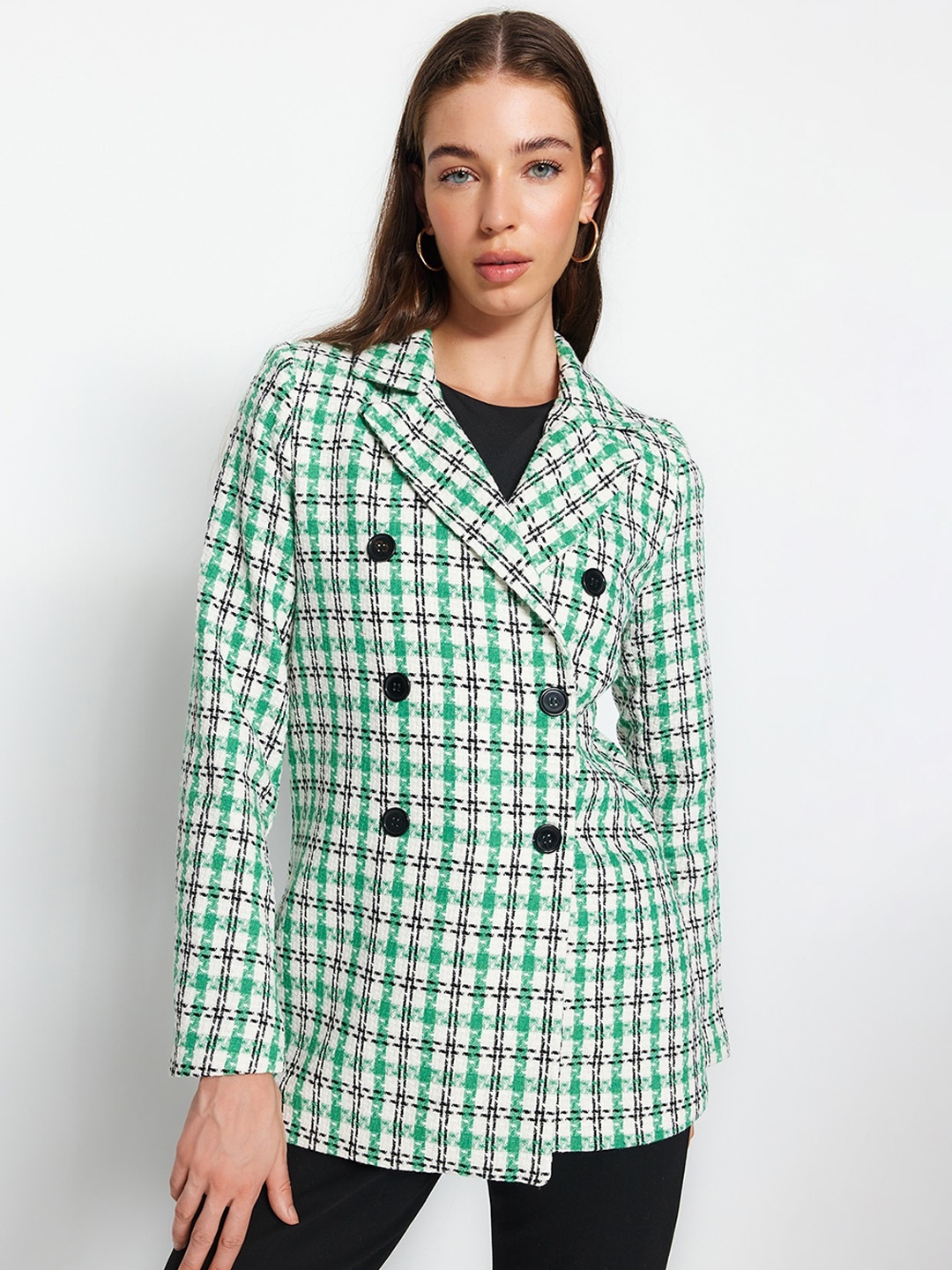 

Trendyol Checked Double-Breasted Blazer, Green