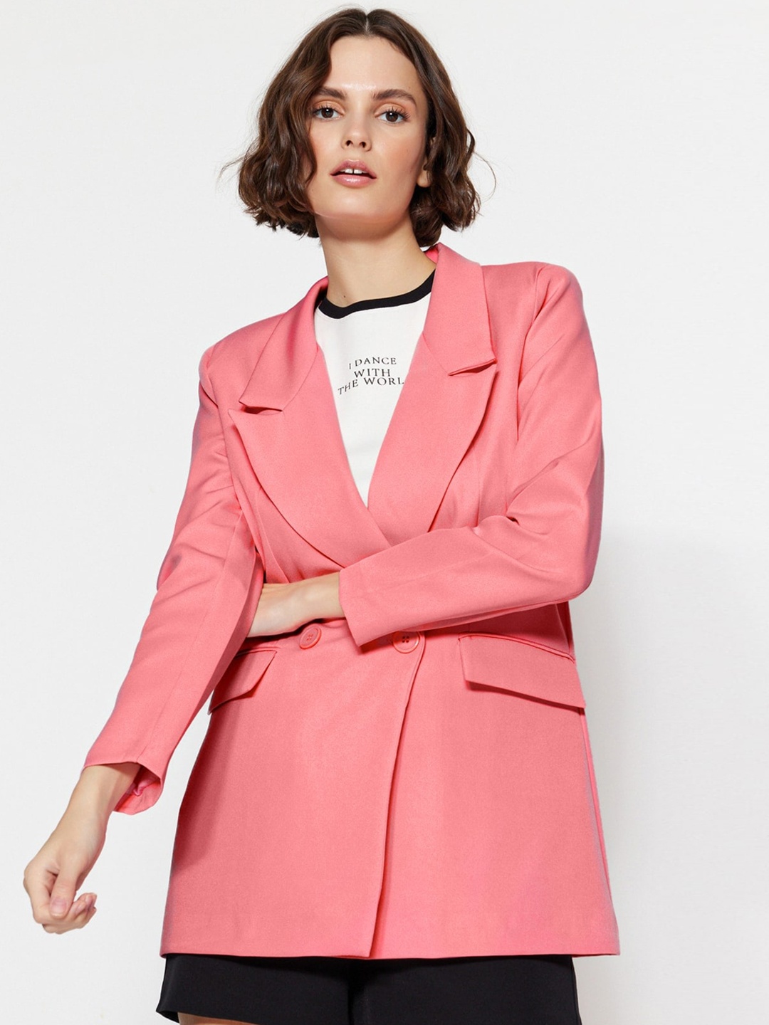 

Trendyol Notched Lapel Collar Double-Breasted Blazers, Pink