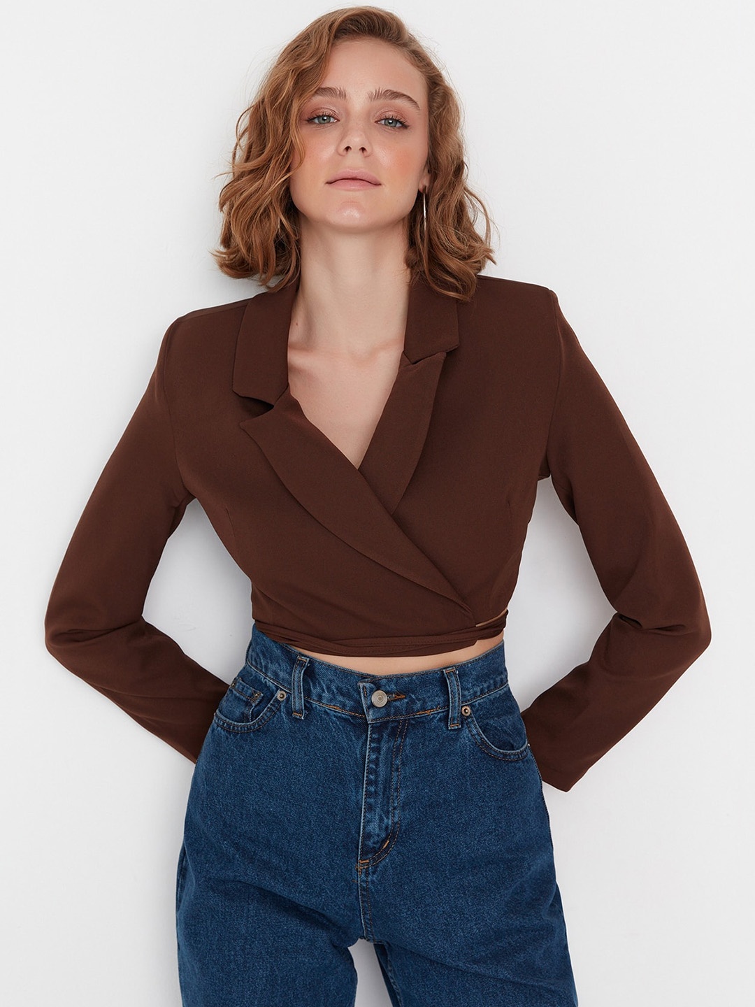 

Trendyol Slim-Fit Tie-Ups Crop Casual Blazer, Brown