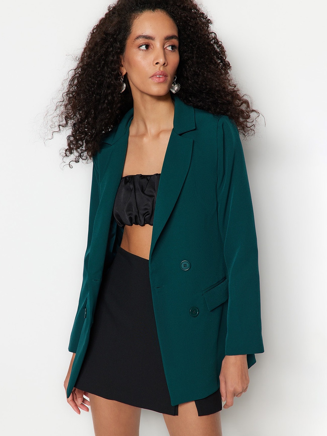 

Trendyol Notched Lapel Double-Breasted Casual Blazer, Green