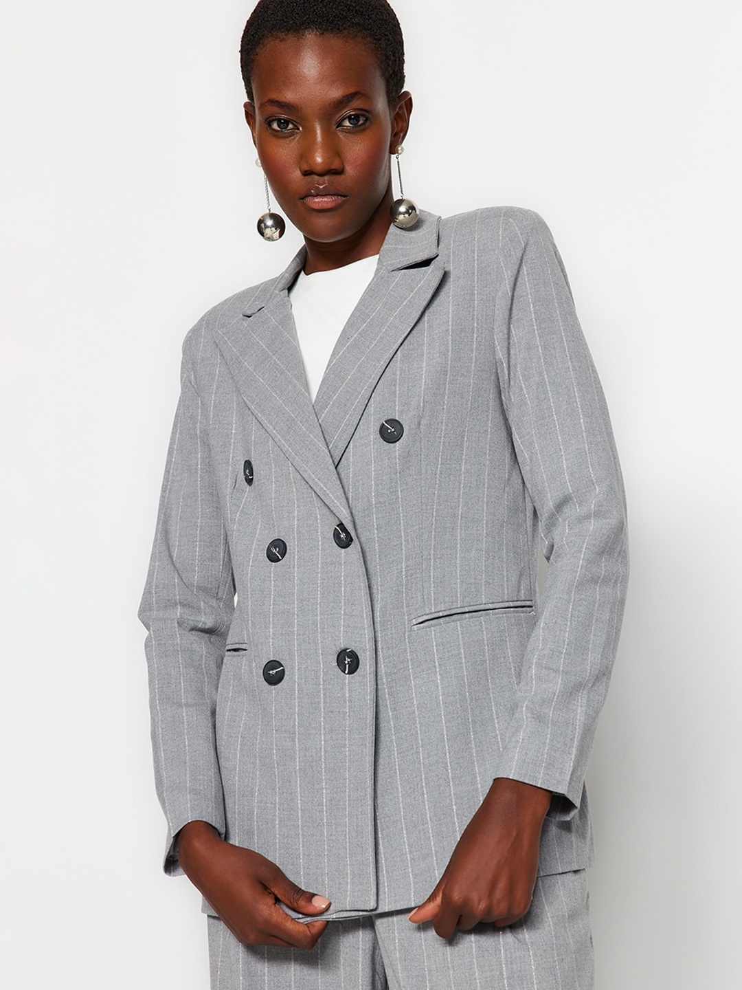 

Trendyol Striped Single-Breasted Blazers, Grey