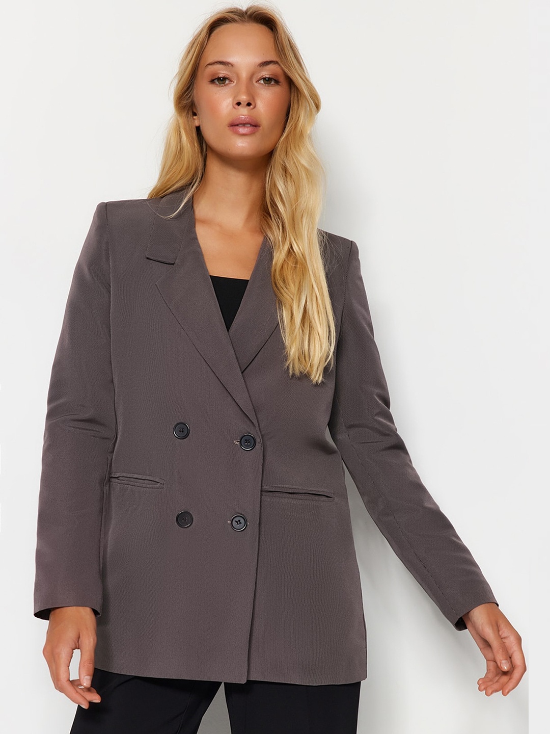 

Trendyol Notched Lapel Collar Double-Breasted Blazers, Brown