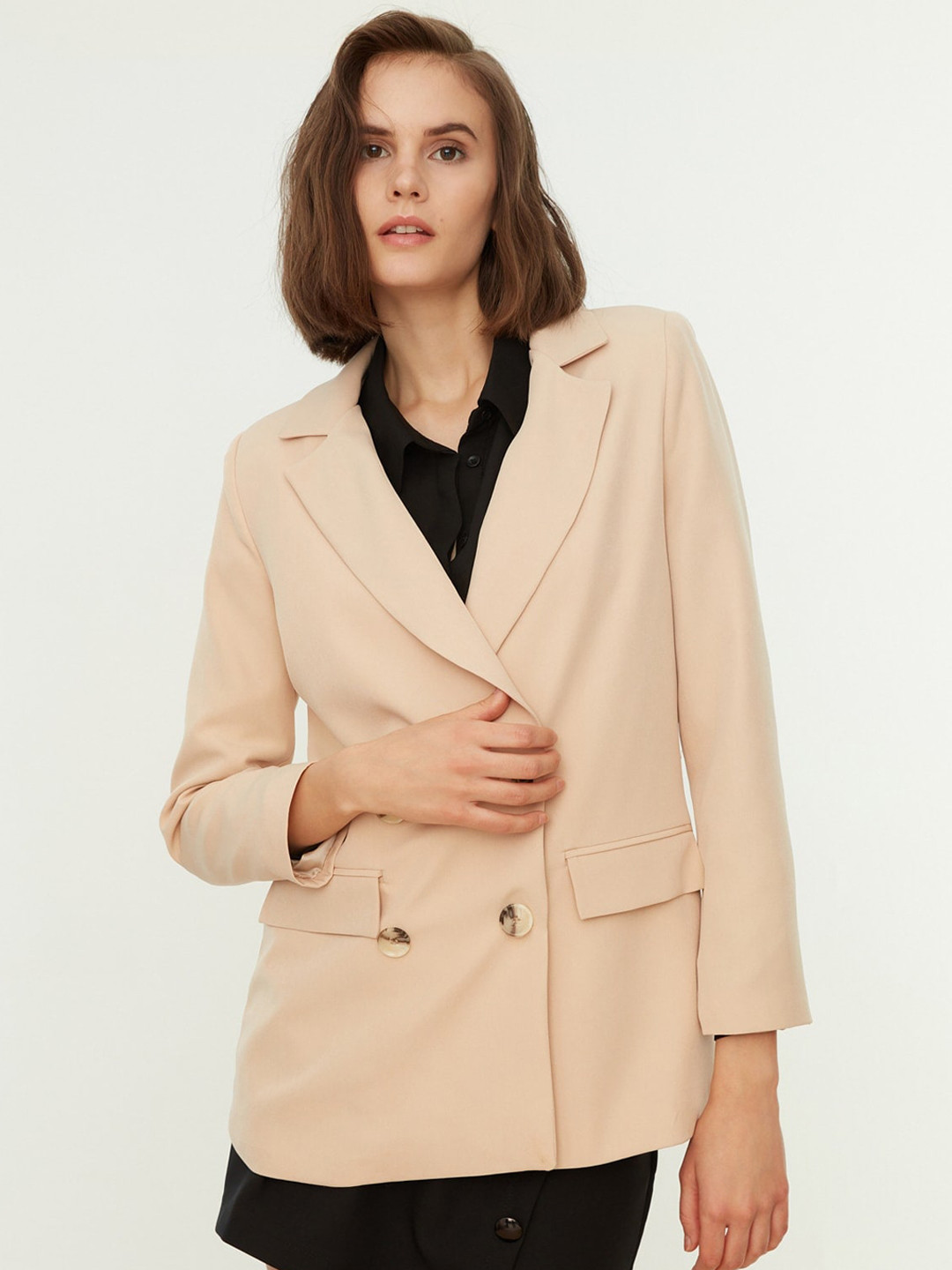 

Trendyol Notched Lapel Double-Breasted Formal Blazer, Beige