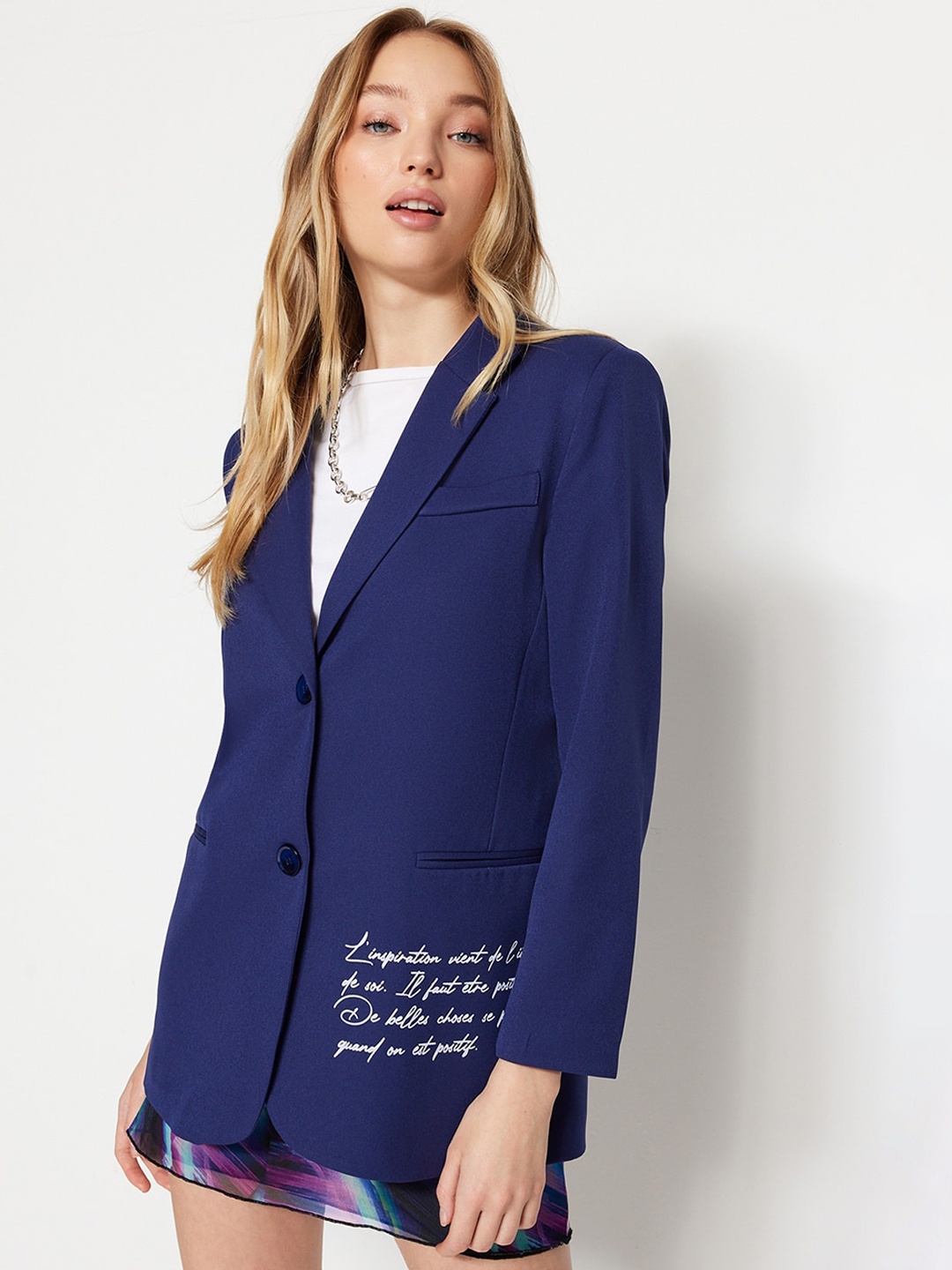 

Trendyol Typography Printed Notched Lapel Single-Breasted Blazers, Blue