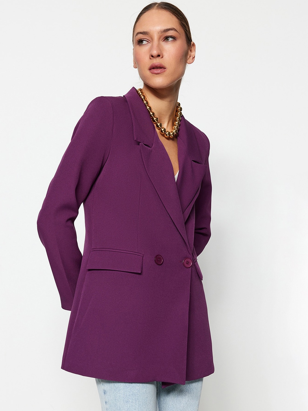 

Trendyol Peaked Lapel Double-Breasted Casual Blazer, Purple