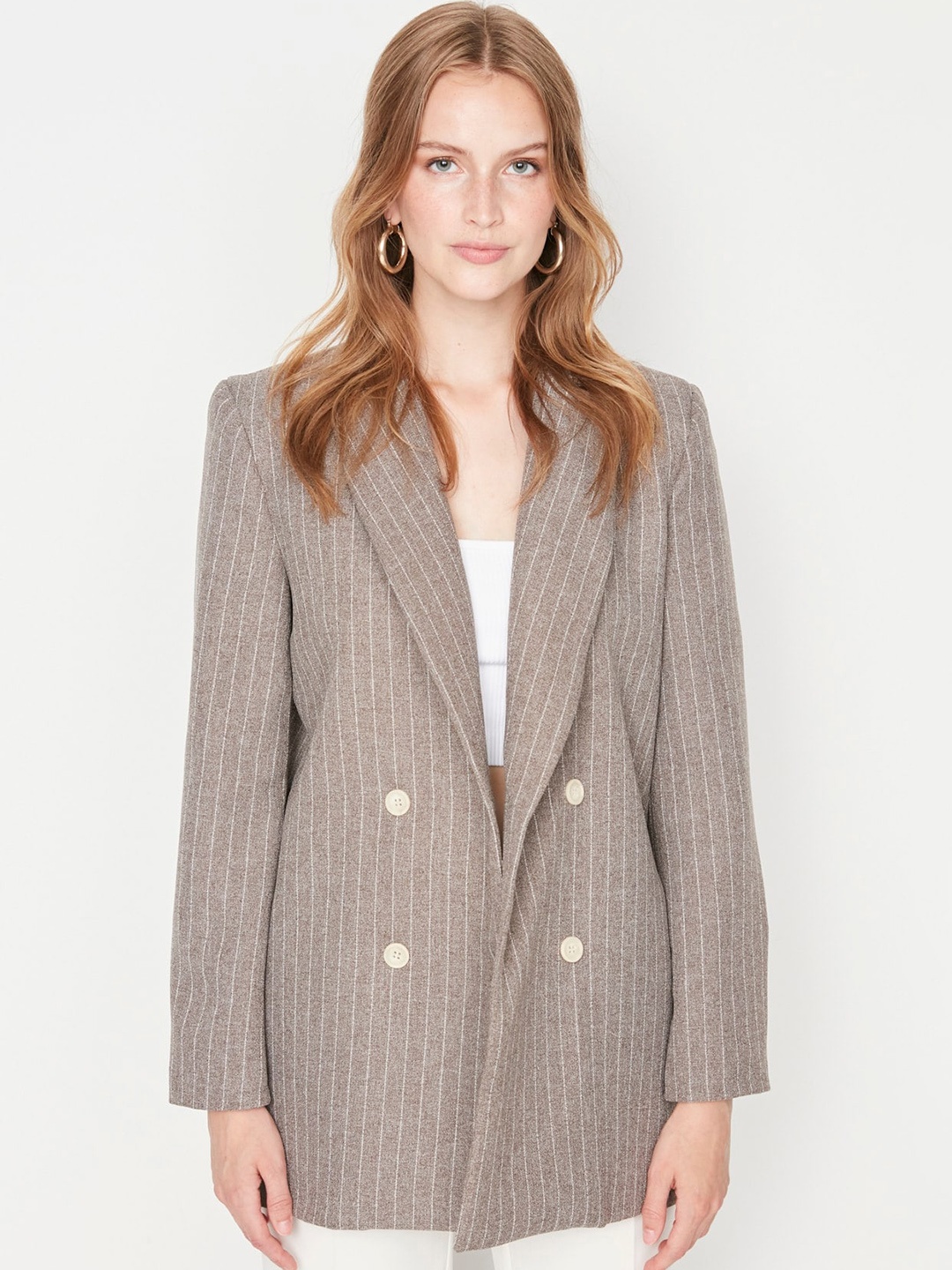 

Trendyol Striped Double-Breasted Notched Lapel Blazers, Brown