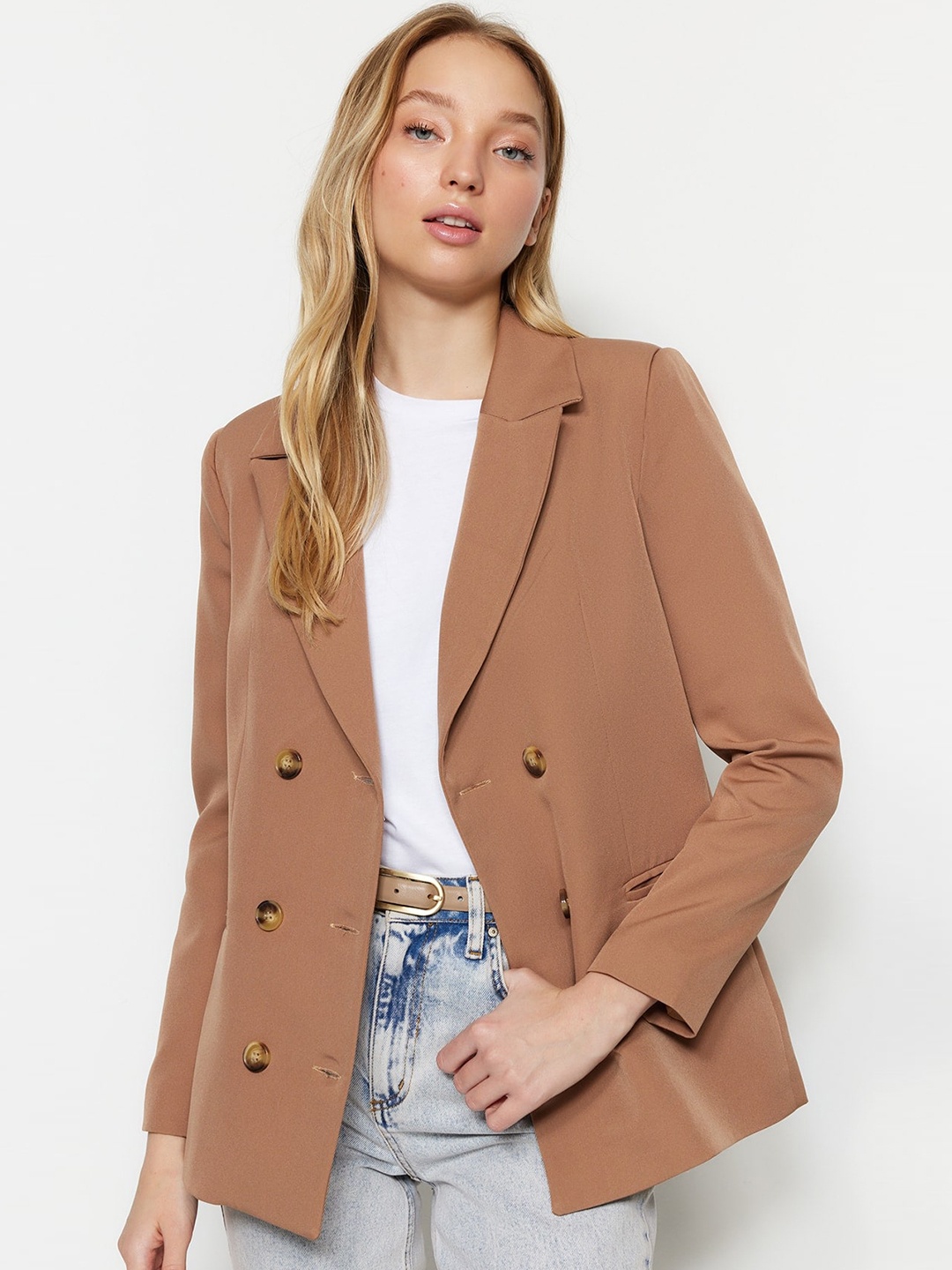 

Trendyol Notched Lapel Double-Breasted Blazers, Brown