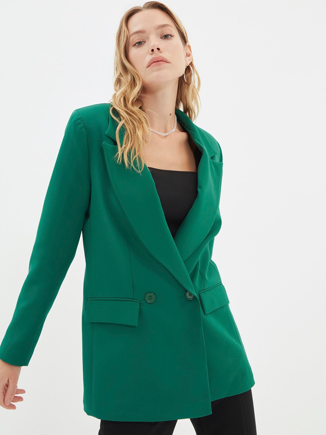 

Trendyol Notched Lapel Double-Breasted Blazers, Green