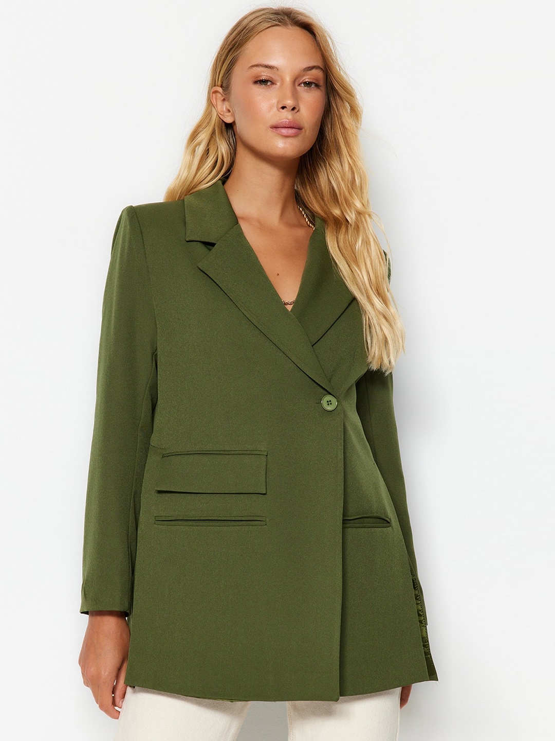 

Trendyol Notched Lapel Double-Breasted Blazer, Green