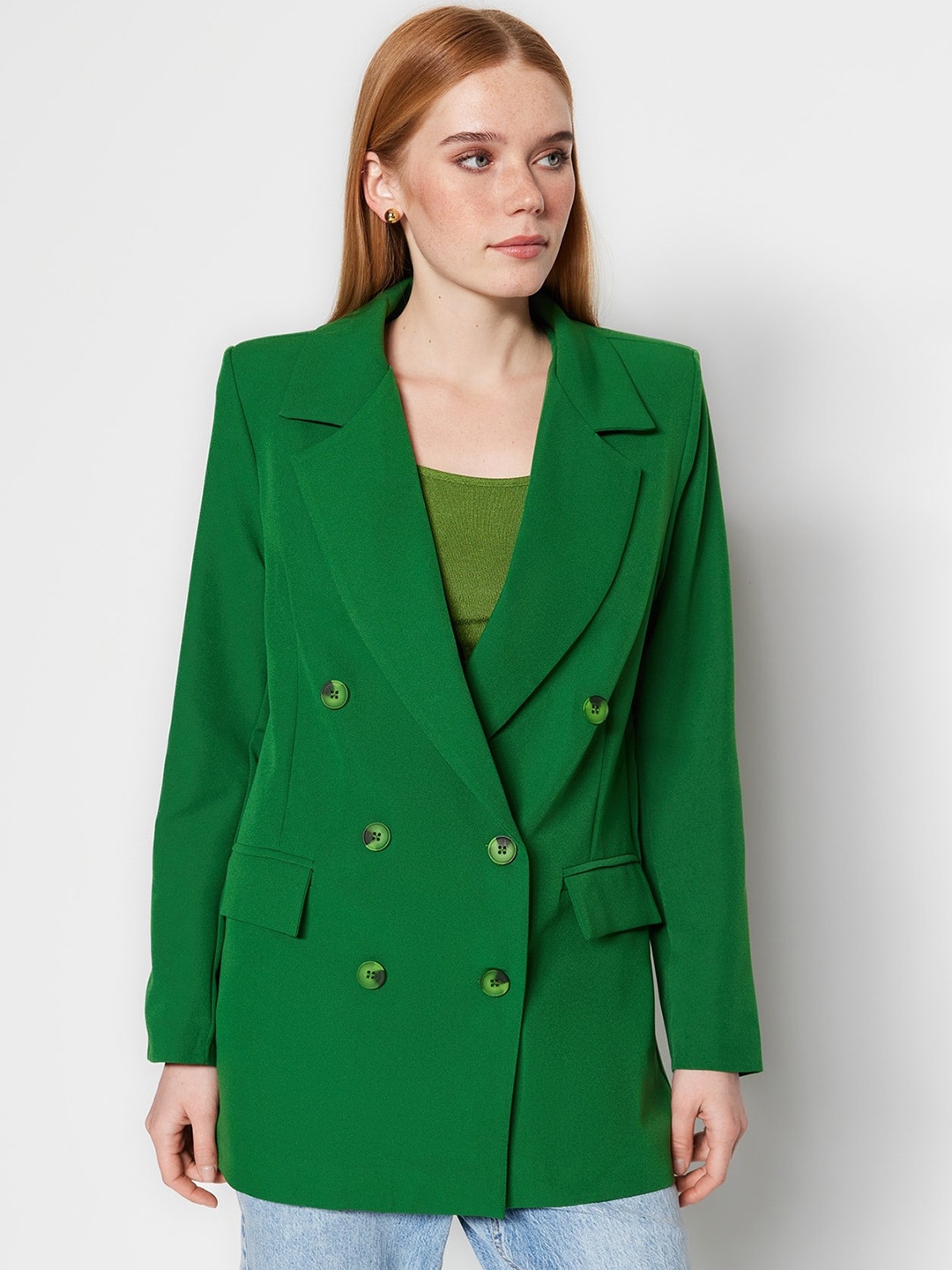 

Trendyol Double-Breasted Notched Lapel Collar Blazers, Green