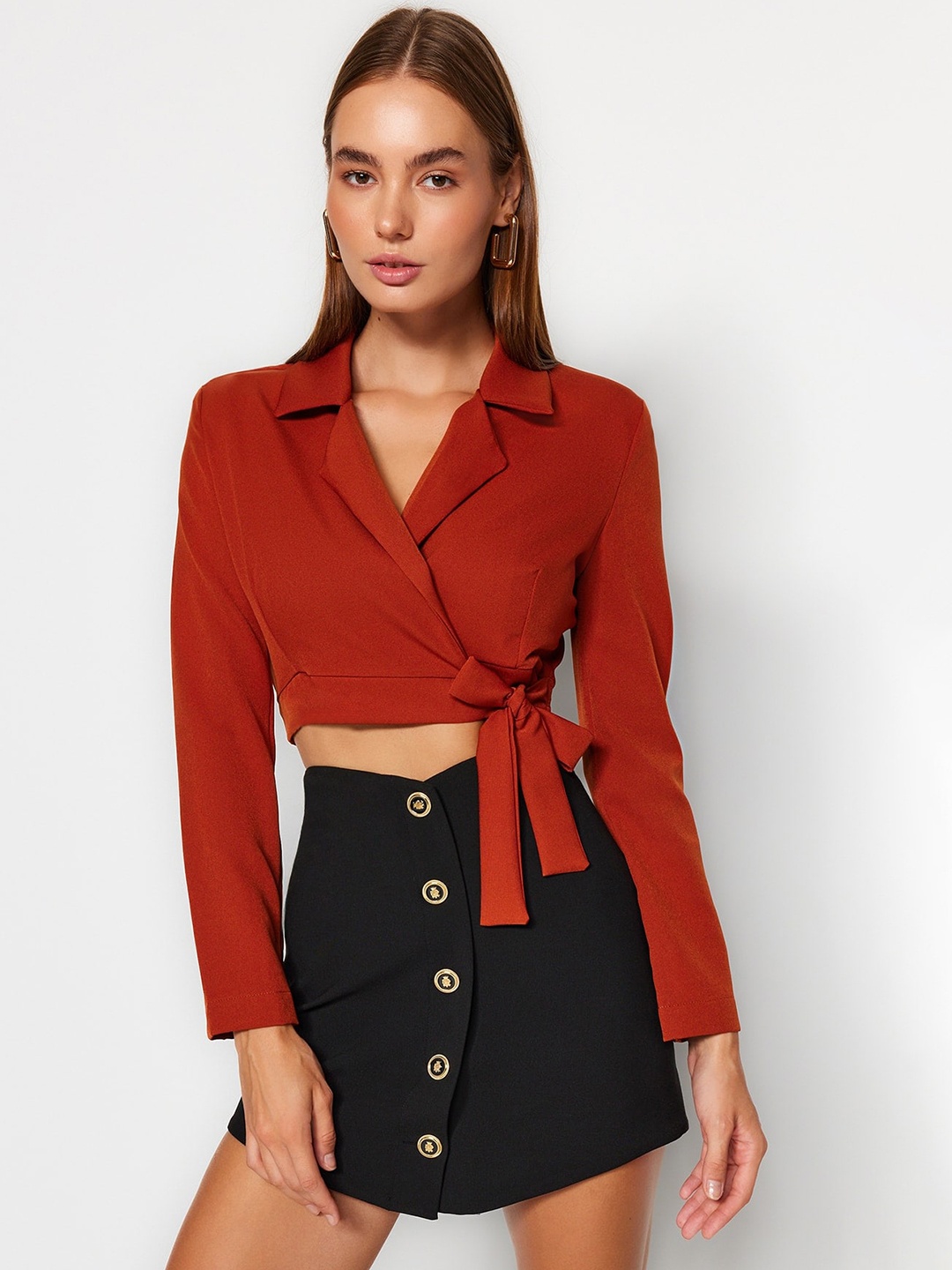 

Trendyol Notched Lapel Collar Front Open Tie up Blazer, Rust