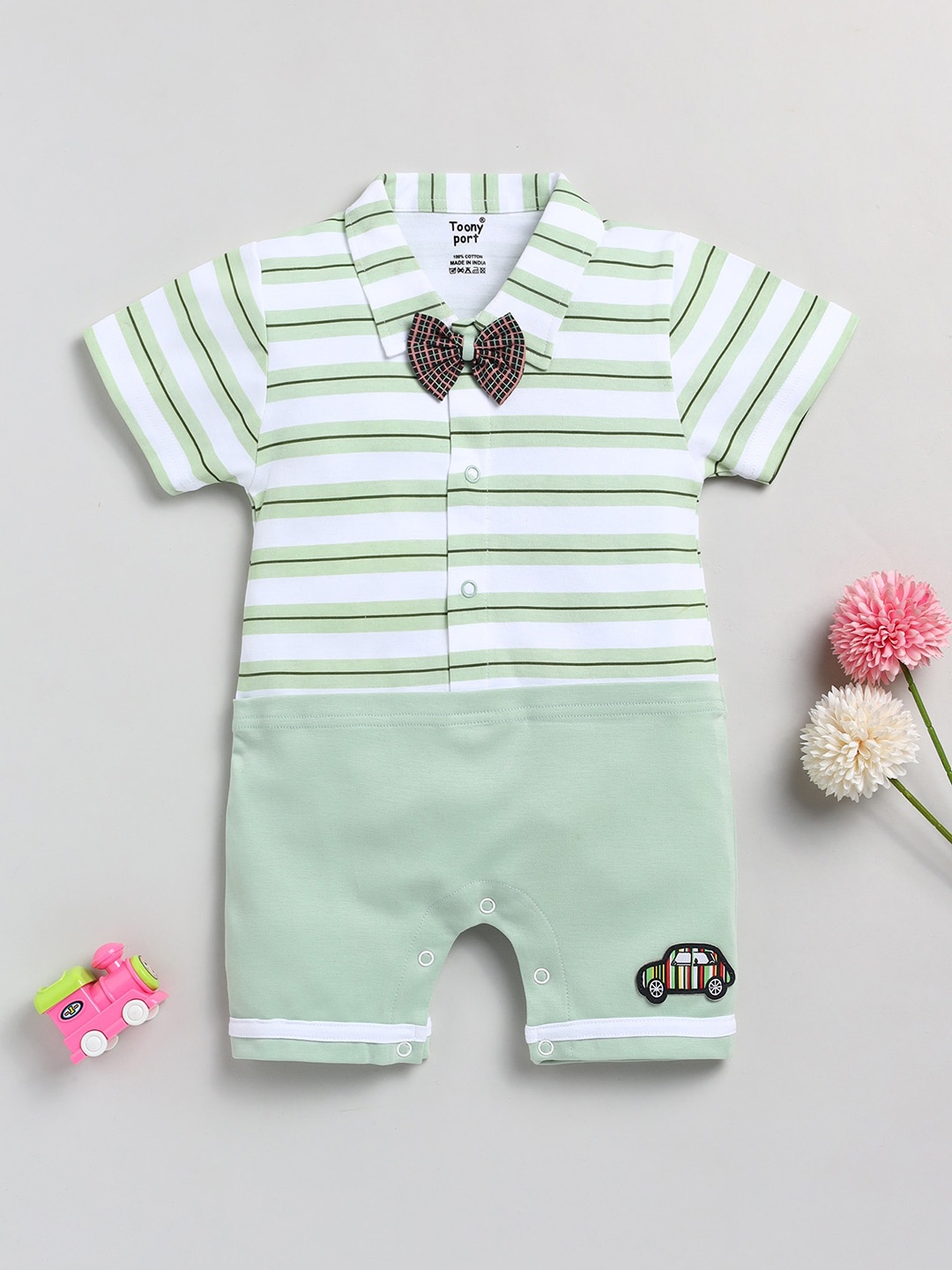 

Toonyport Infants Striped Pure Cotton Rompers, Green