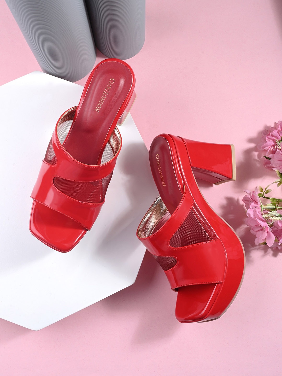 

CLOG LONDON Open Toe Textured Block Heels, Red