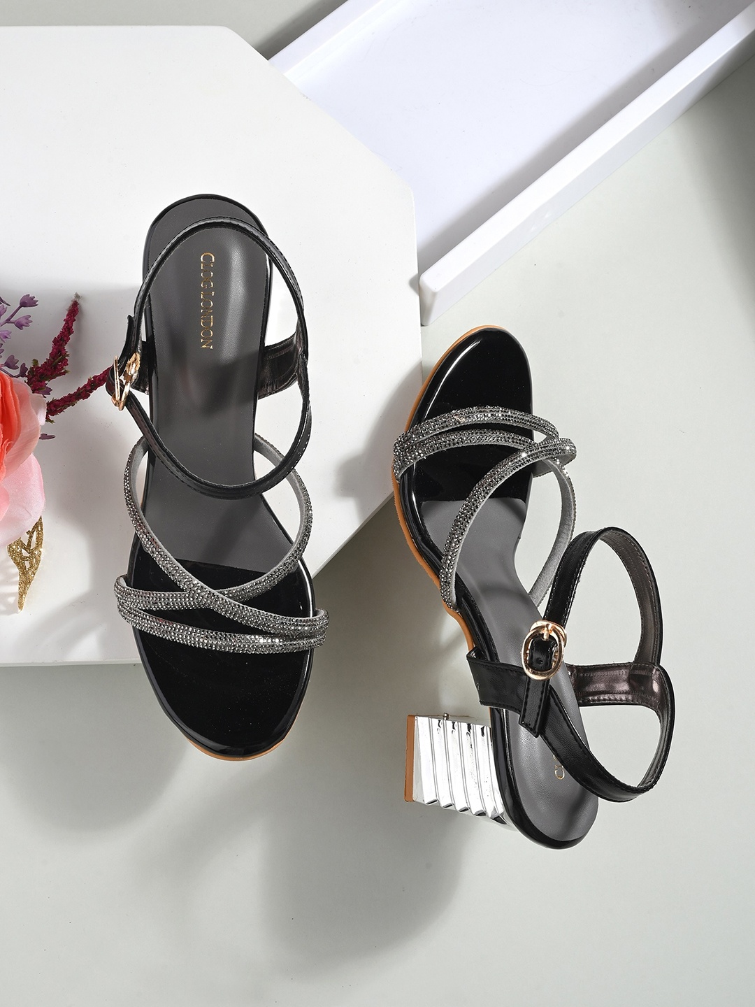 

CLOG LONDON Embellished Open Toe Block Heels with Buckles, Black